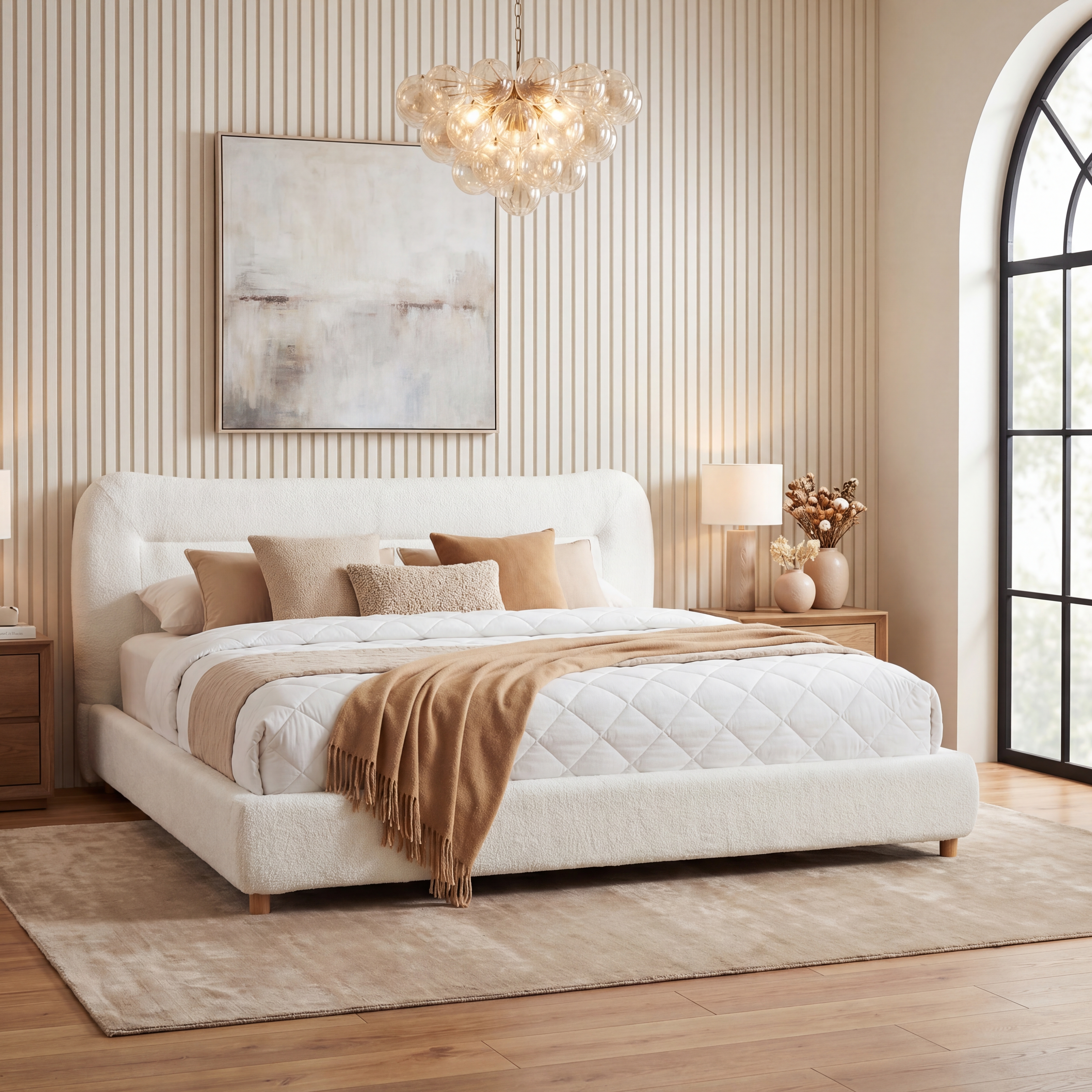 Minimalist Curved Headboard Teddy Bear Plush Bed, King, Cream