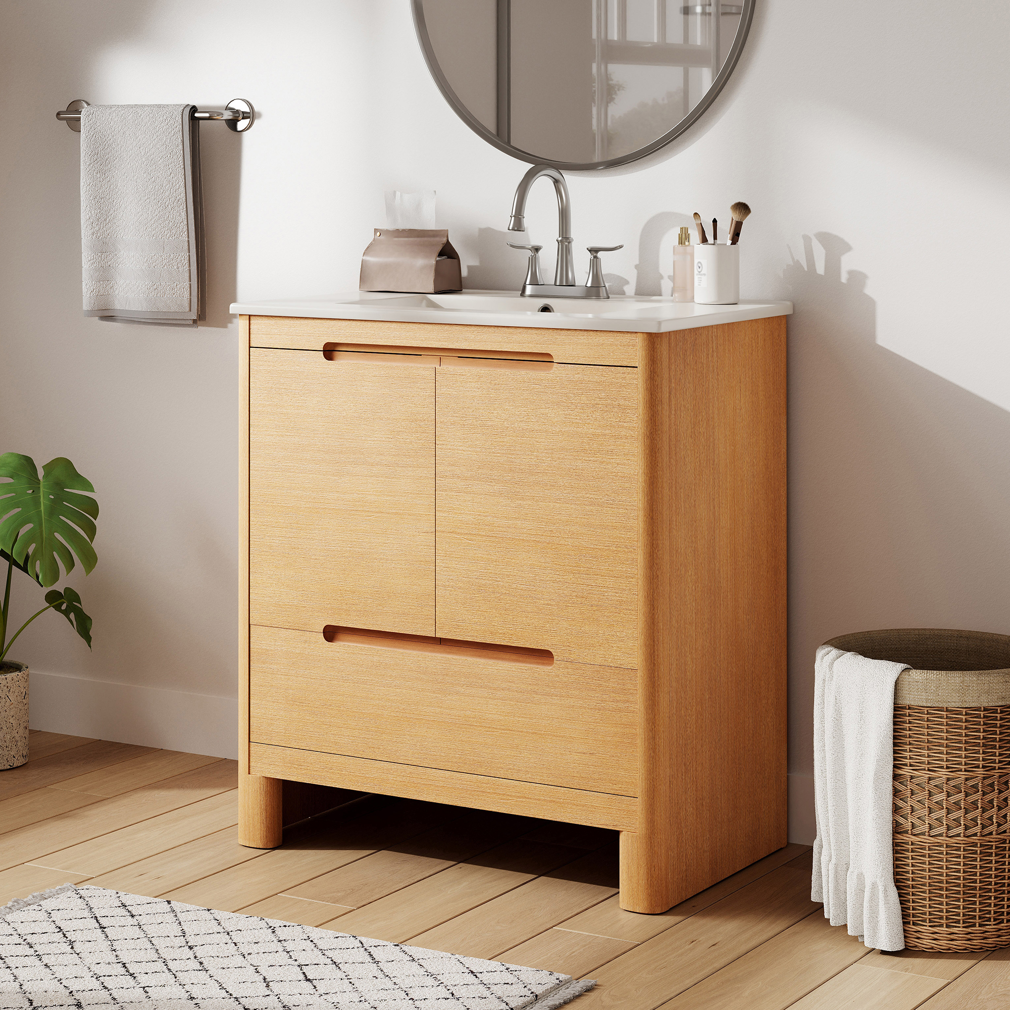 Video 30  Softened Modern Bathroom Vanity With Ceramic Sink, Natural Wood Grain, Solid Wood Frame, Soft-Close Doors & Drawer, Adjustable Shelf , All-in-One Package, Oak