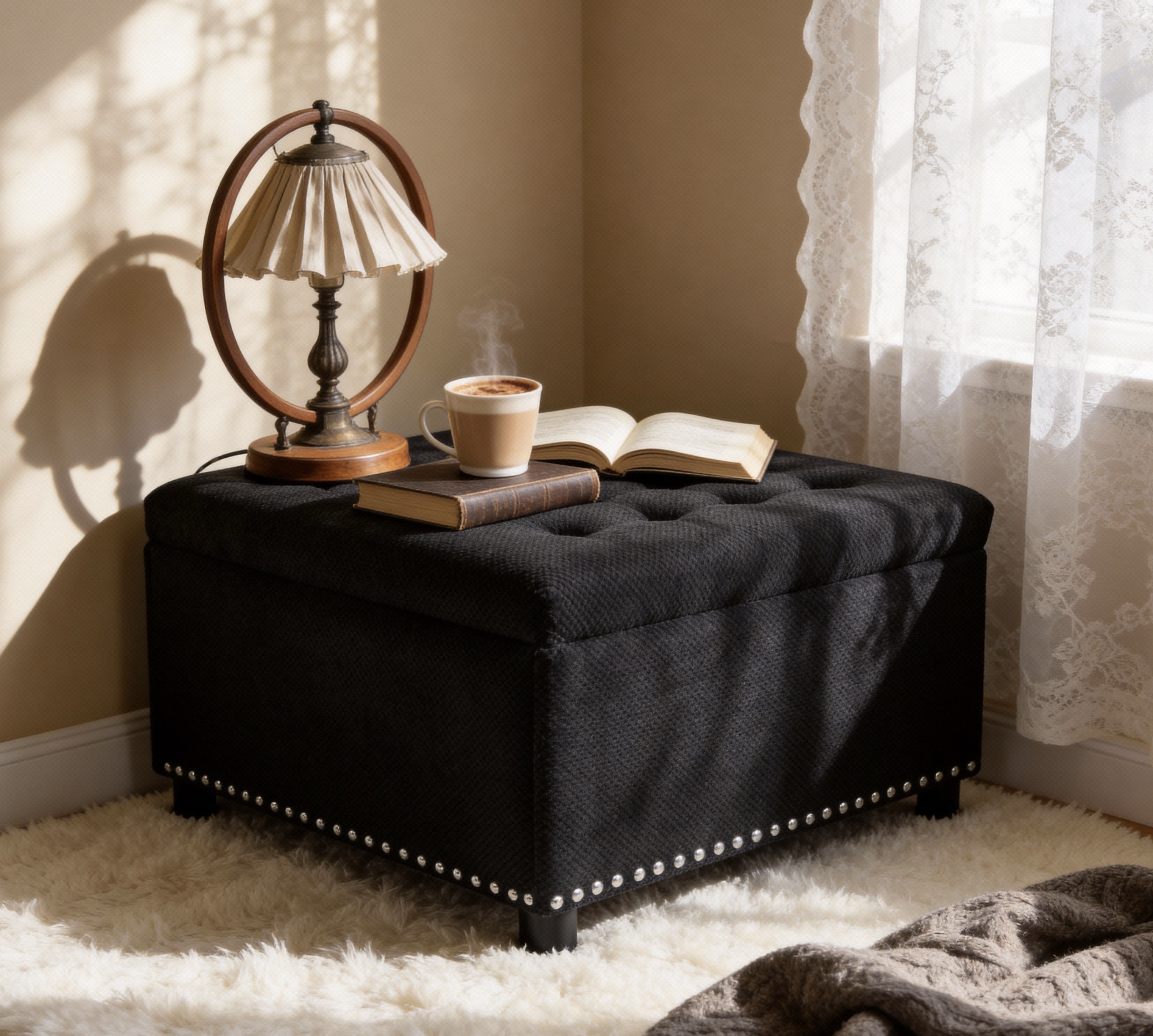 Storage Ottoman, Tufted Footstool, Nailhead Trim Ottoman, Square Storage Ottoman, Upholstered Coffee Table, Bedroom Storage, Living Room Accent, Black Ottoman, Small Space Furniture, Home Decor.