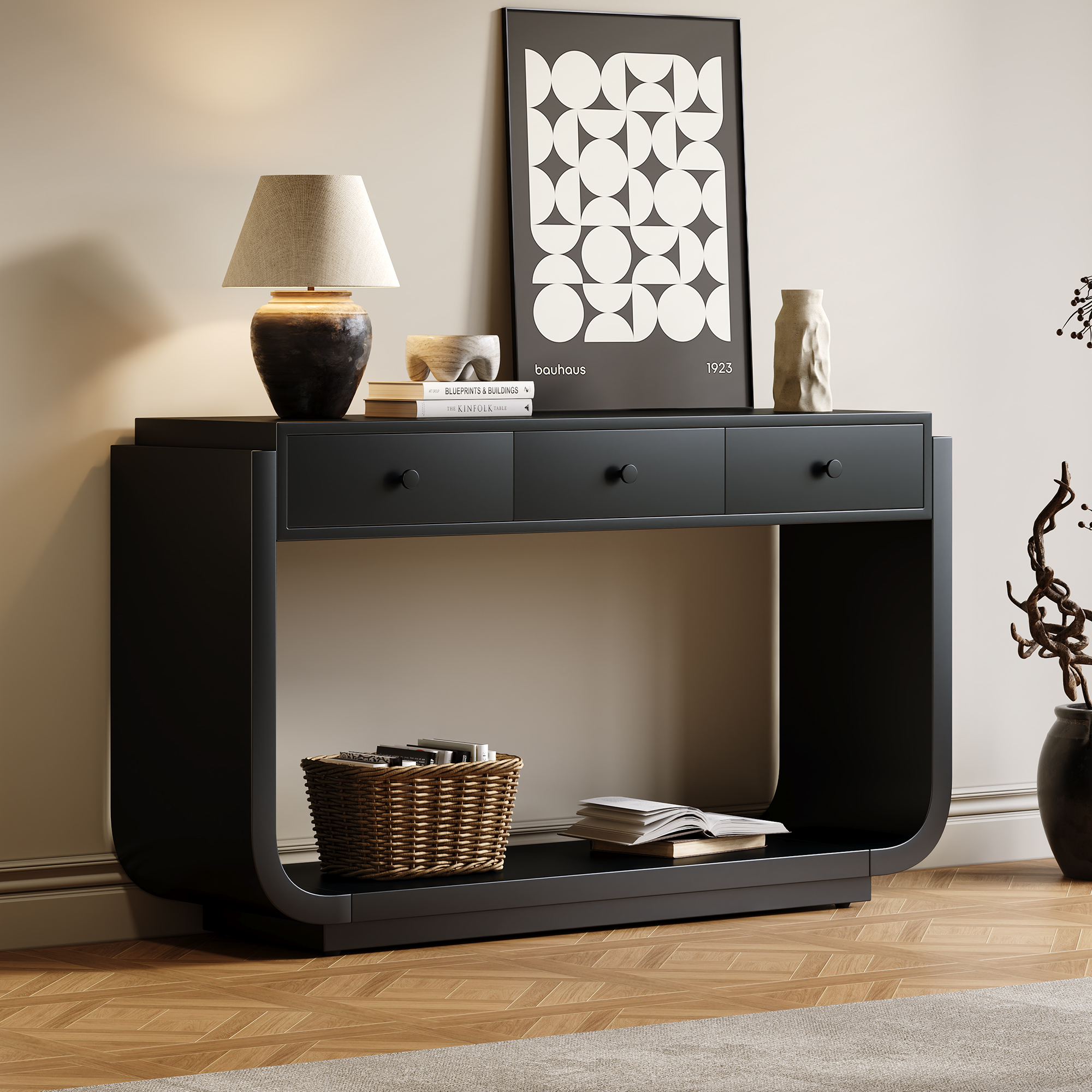 Classic-Style Console Table, 3 Storage Drawers, Display Shelf, Curved Legs, Painted Finish, Entryway Hallway Living Room, Black