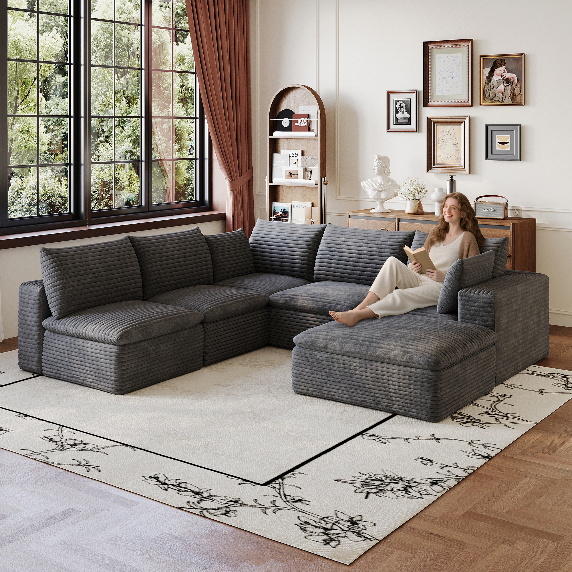 99x103  Cloud Sofa,Corduroy Fabric,Deep Seat Couches,Double-layer Design,Removable  Cushion,No Assembly, DIY Combination For Living Room, Bedroom,Conference Room ,Apartment,Dark Grey