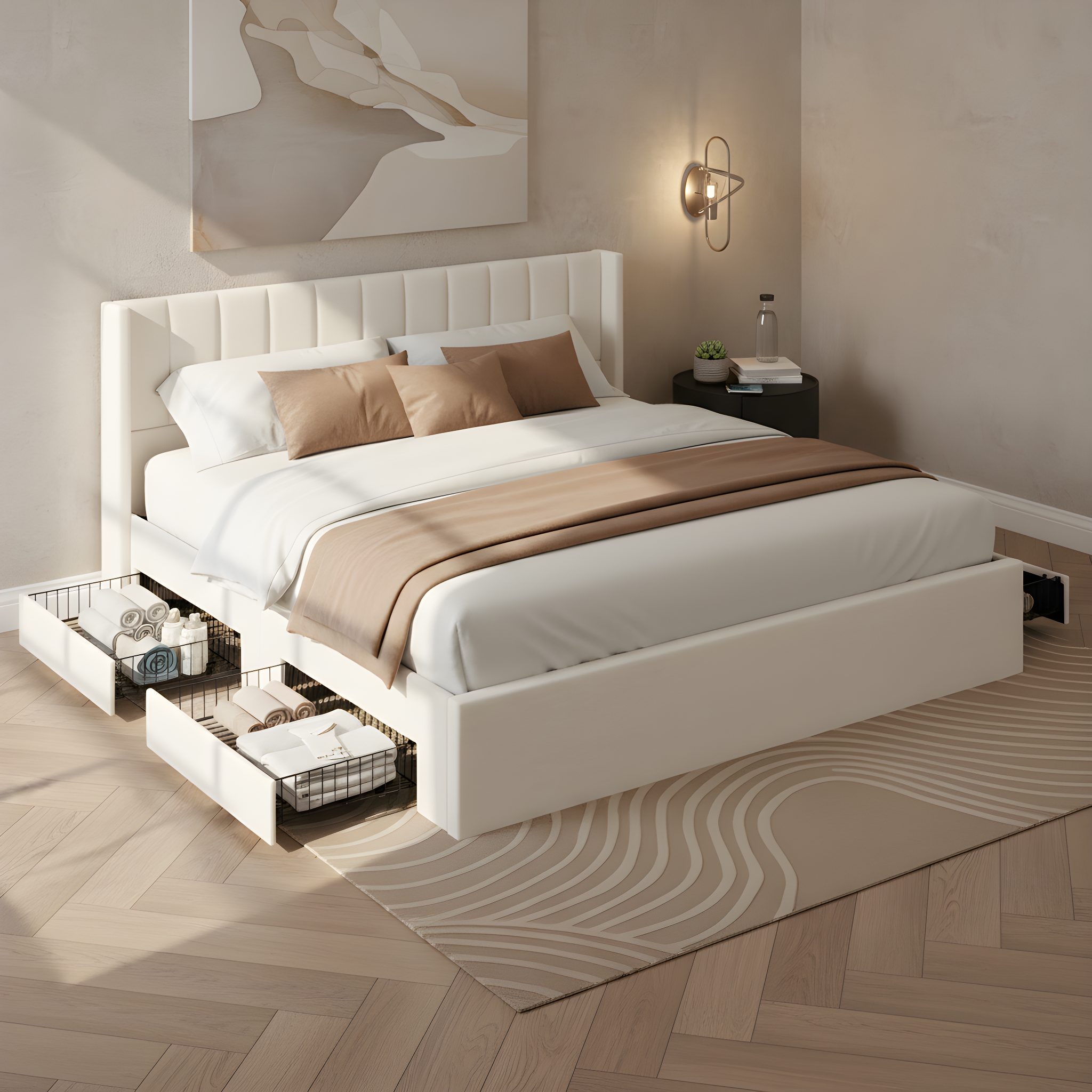 Large-capacity Upholstered Storage Bed With Drawers,Beige,King