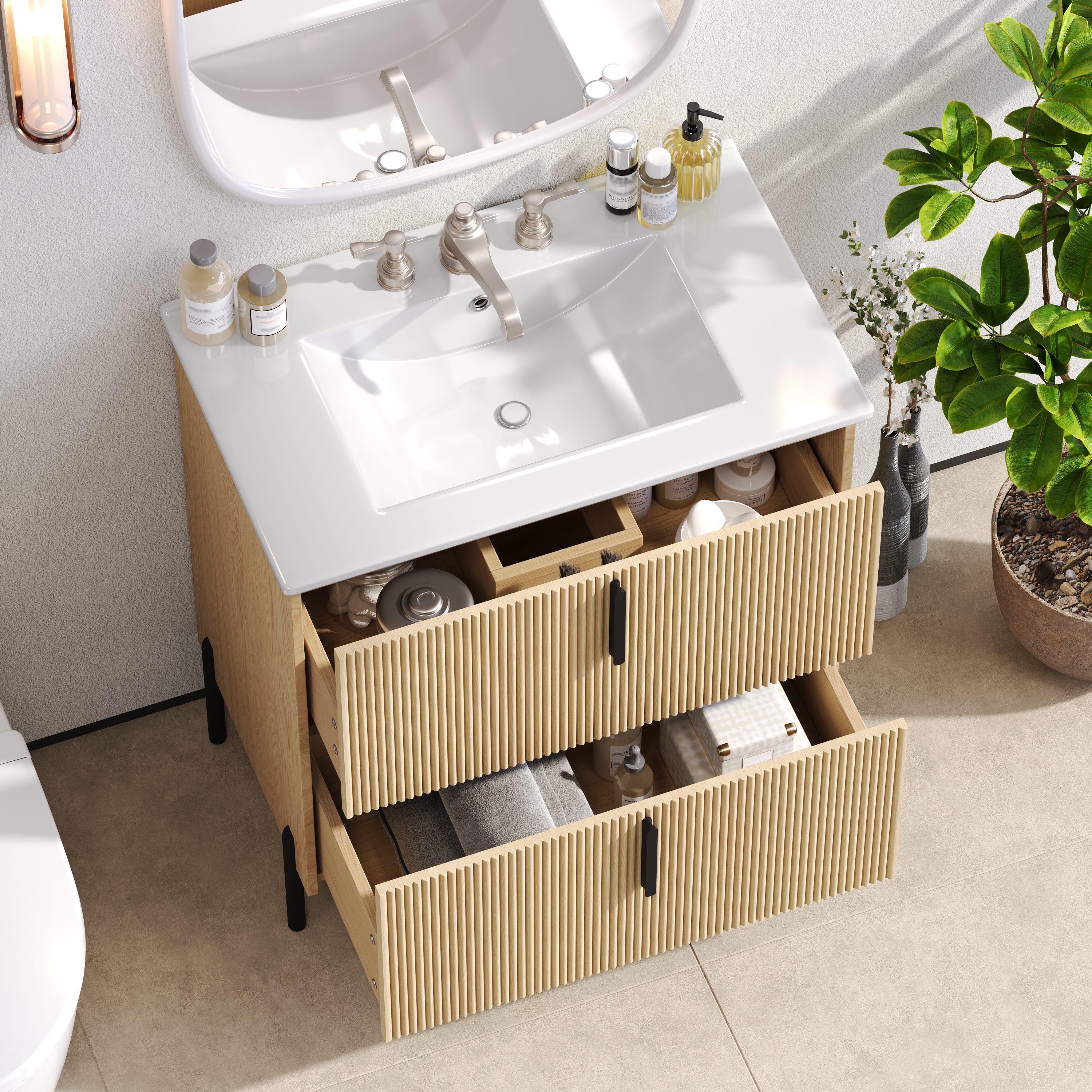30  Bathroom Vanity With Ceramic Sink And Full-Extension Drawers, Soft Close Undermount Drawer Slides, Fluted Design, Natural