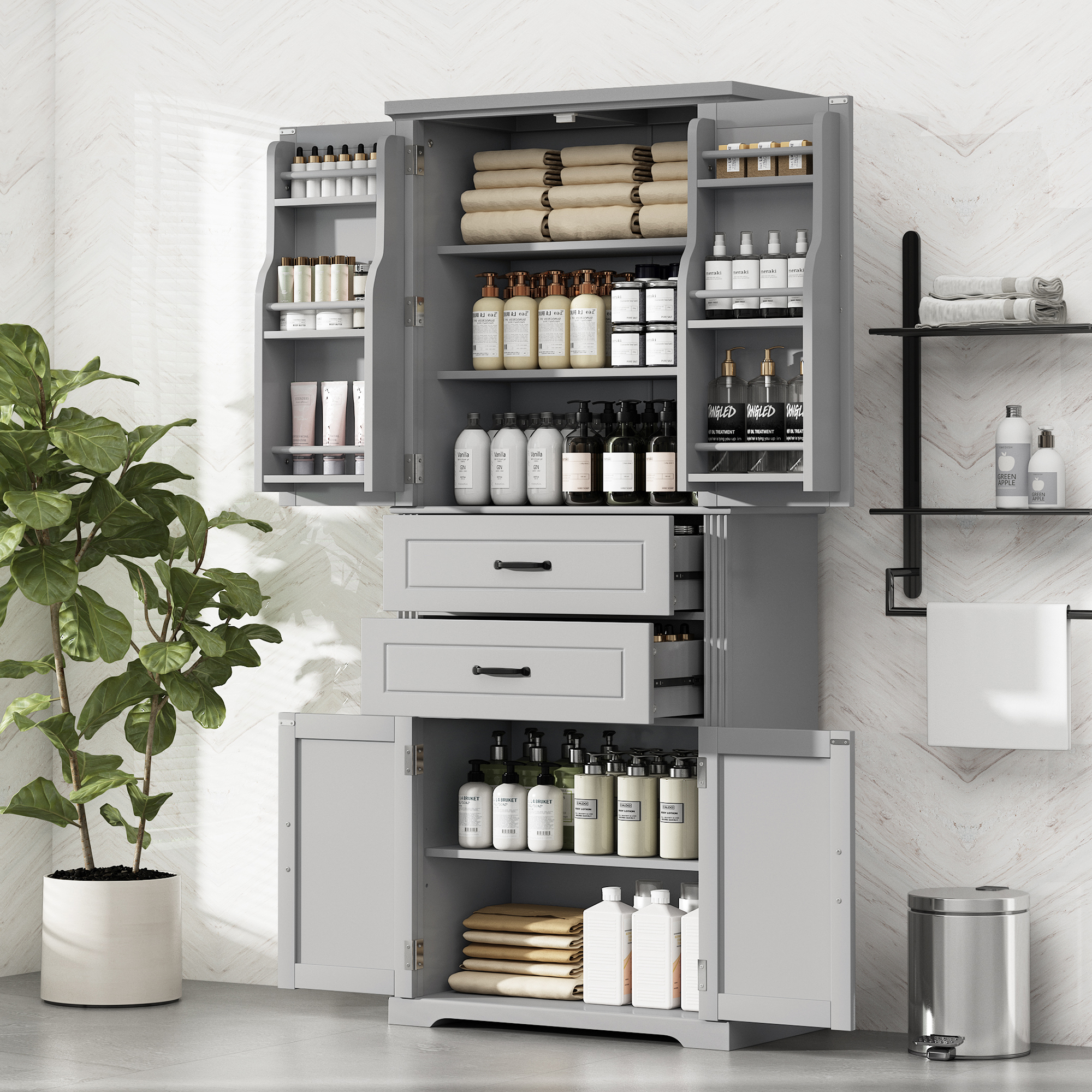 Video  Storage Cabinet With Multi-Functional Storage Space, Doors With Storage Shelves, 2 Drawers, Adjustable Shelf, Gray  Same Sku N759P293426E