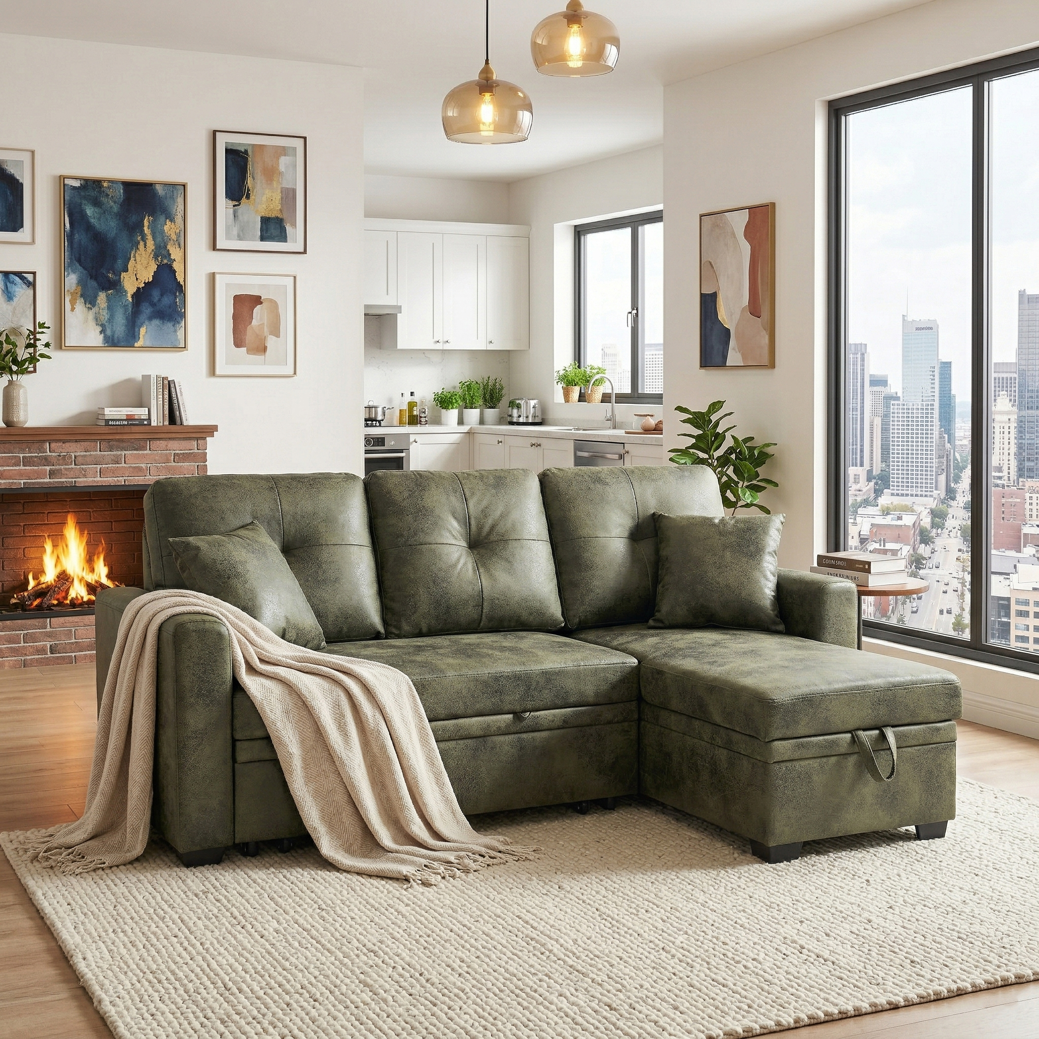 Sleeper Sofa, Sectional With Pull-Out Bed, Reversible Chaise, Storage Sectional,  Olive Green Breathable  Fabric, Small Space Solution, Convertible Sofa Bed, Living Room Furniture, L-Shaped Sofa