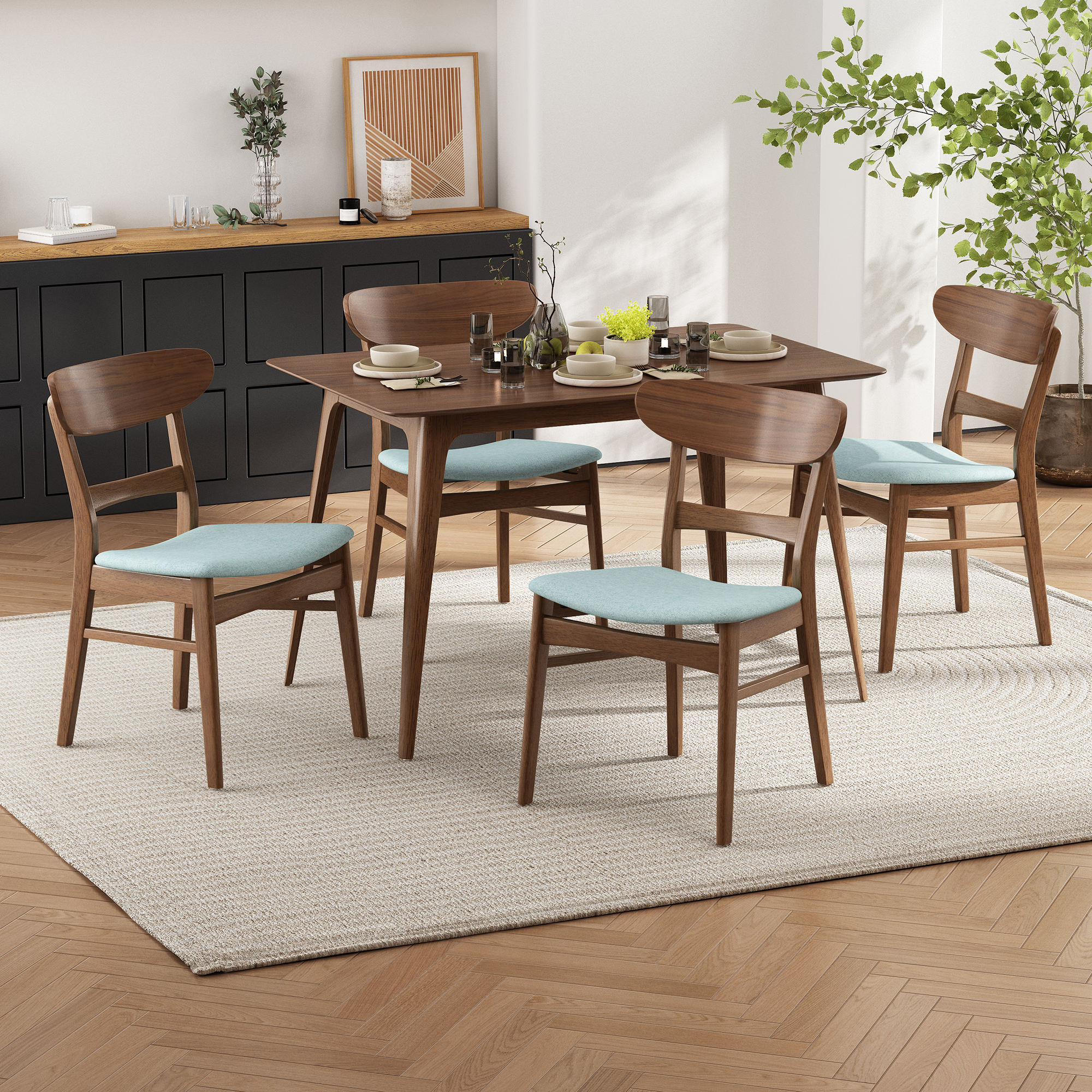 Mid-Century Modern 5-Piece Dining Set, Rubberwood Frame, One Table And 4 Upholstered Chairs, Walnut