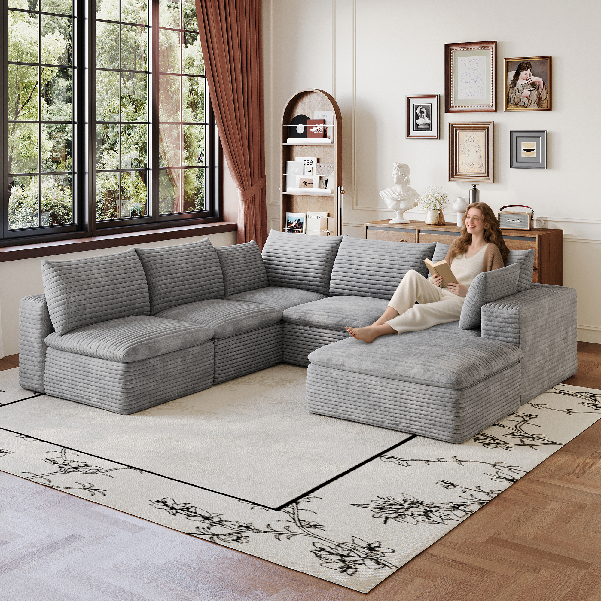 99x103  Cloud Sofa,Corduroy Fabric,Deep Seat Couches,Double-layer Design,Removable  Cushion,No Assembly, DIY Combination For Living Room, Bedroom,Conference Room ,Apartment,Grey