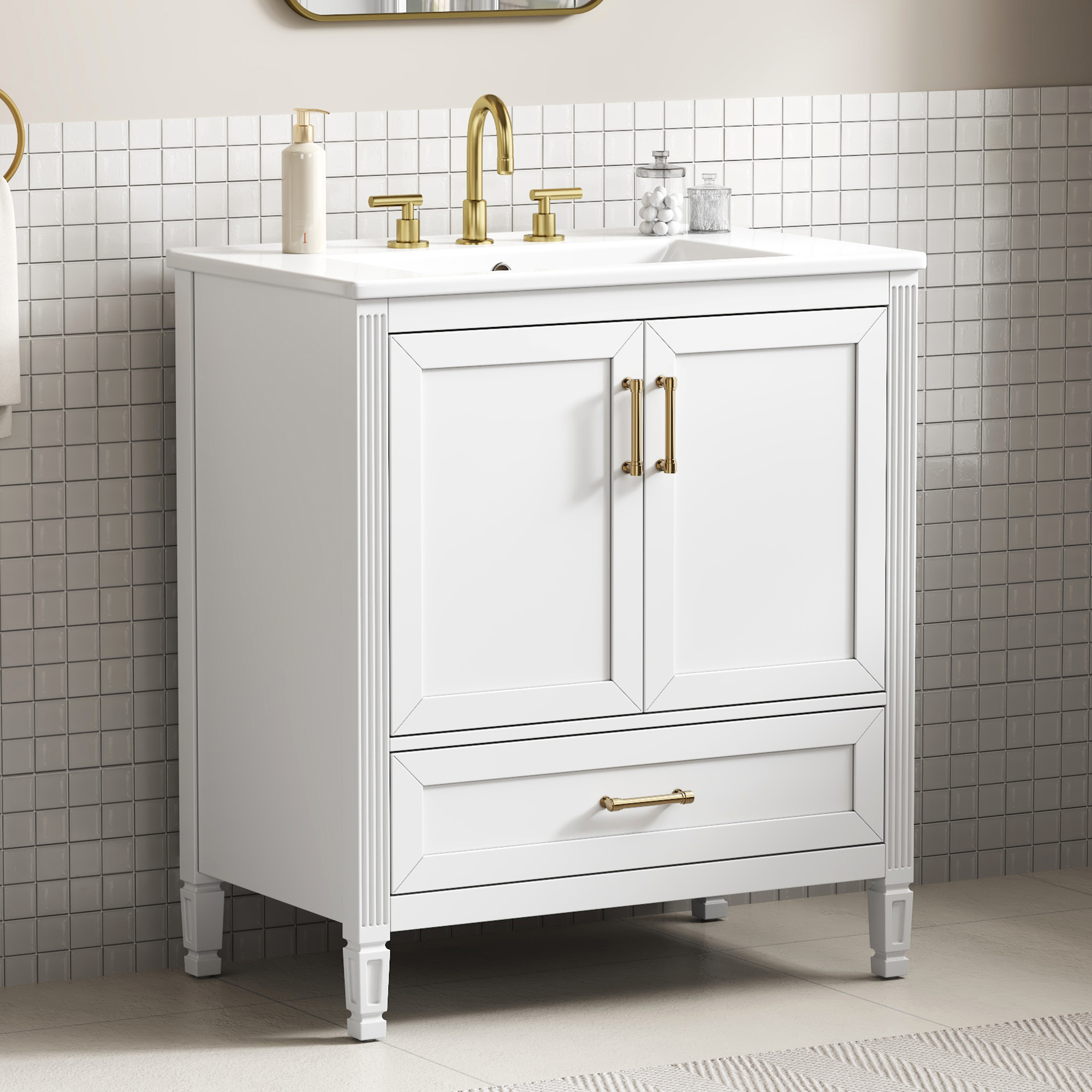 Video  30  Elegant Fluted Bathroom Vanity With Ceramic Sink, Single Box Shipping, Solid Wood Legs, Soft-Close Doors & Drawer, Door Shelf, White