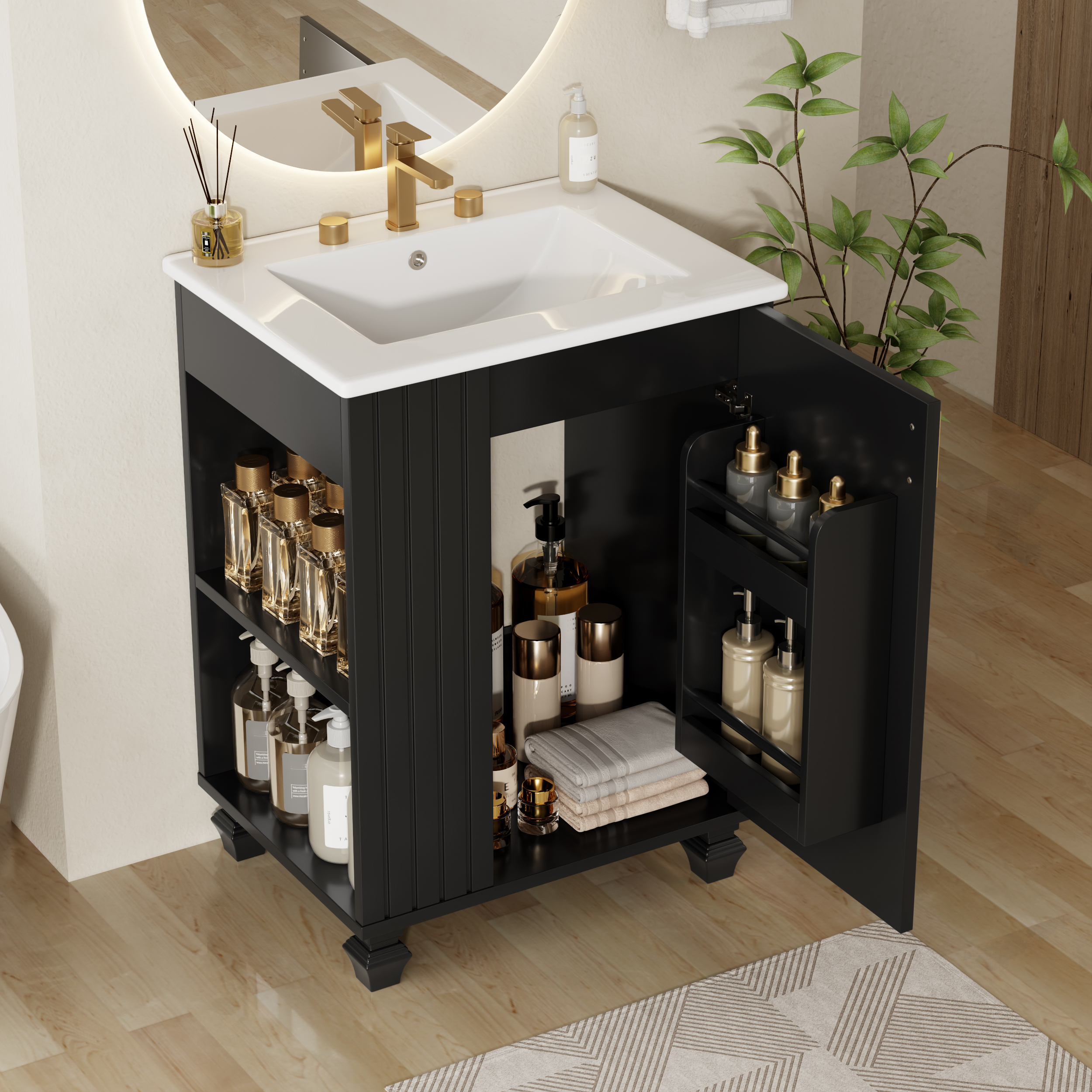 24  Bathroom Vanity With Sink, Bathroom Cabinet With Door Shelf, Side Open Storage, Solid Wood Frame,Soft Closing Door, Black