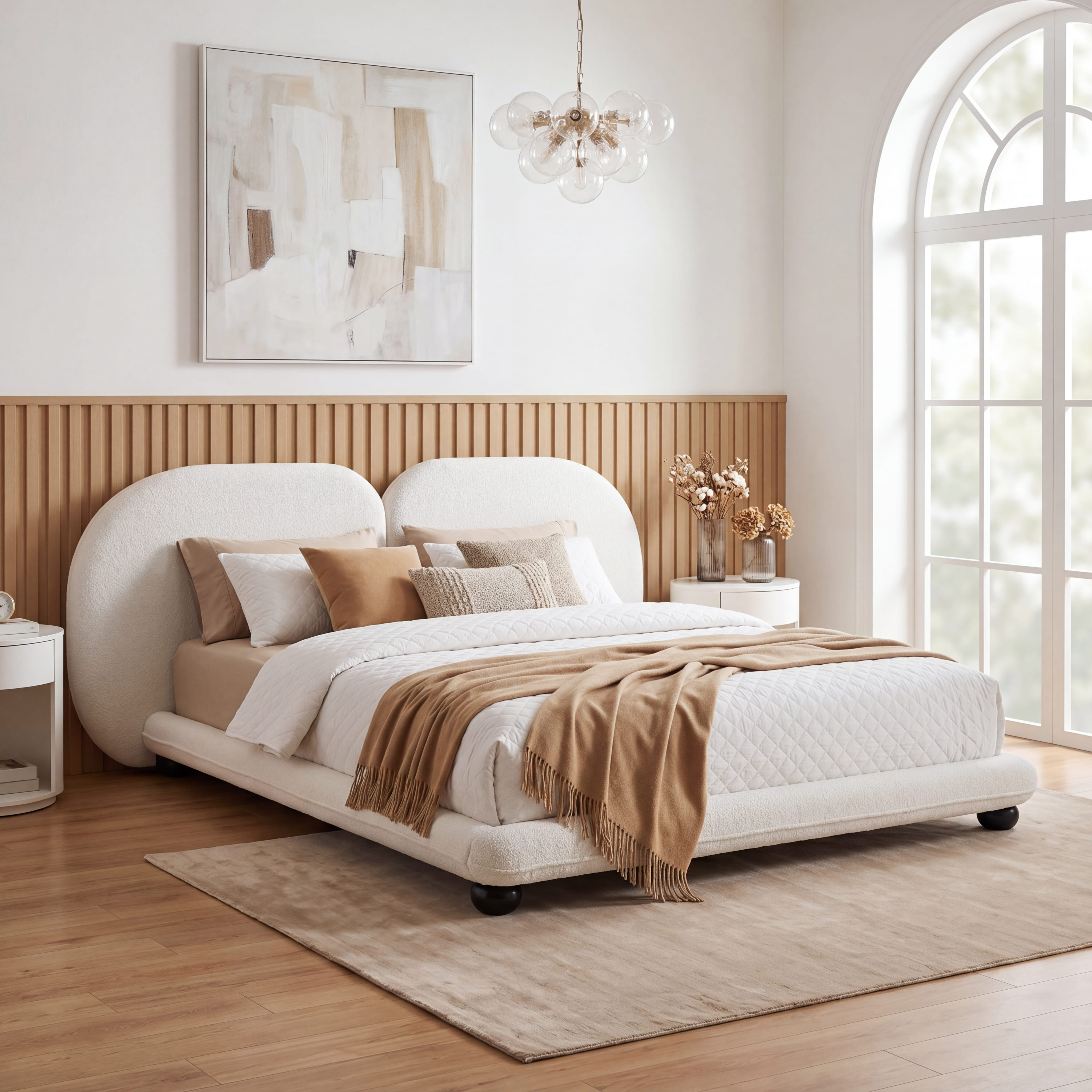 Extra Thick Upholstered Platform Bed Frame With Luxury Split Headboard, Teddy Fleece Fabric, 800 Lbs Heavy Duty, Easy Assembly, White,King