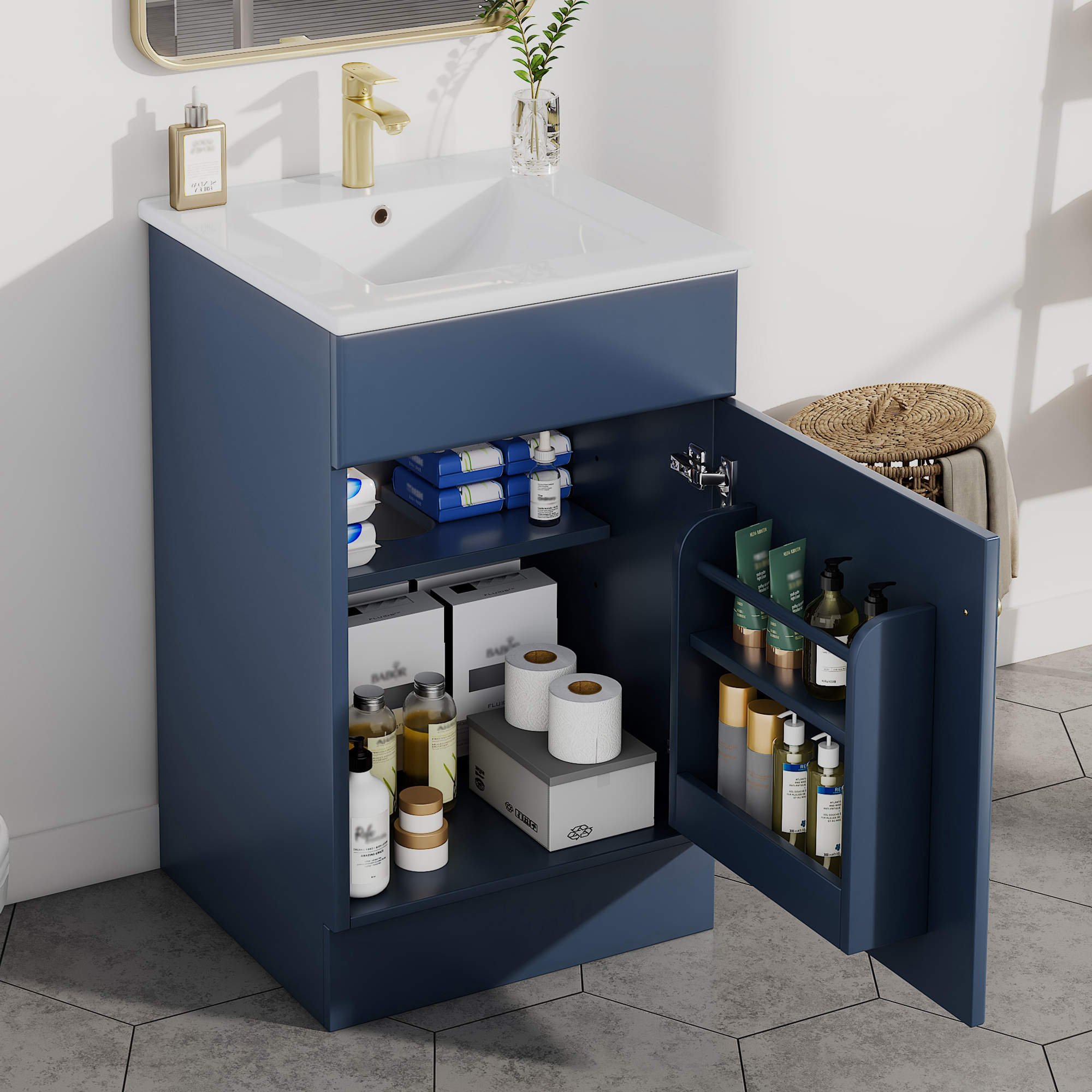 Video 20 Bathroom Vanity With Sink, Vanity Cabinet With Door Shelf And Adjustable Shelf, Blue
