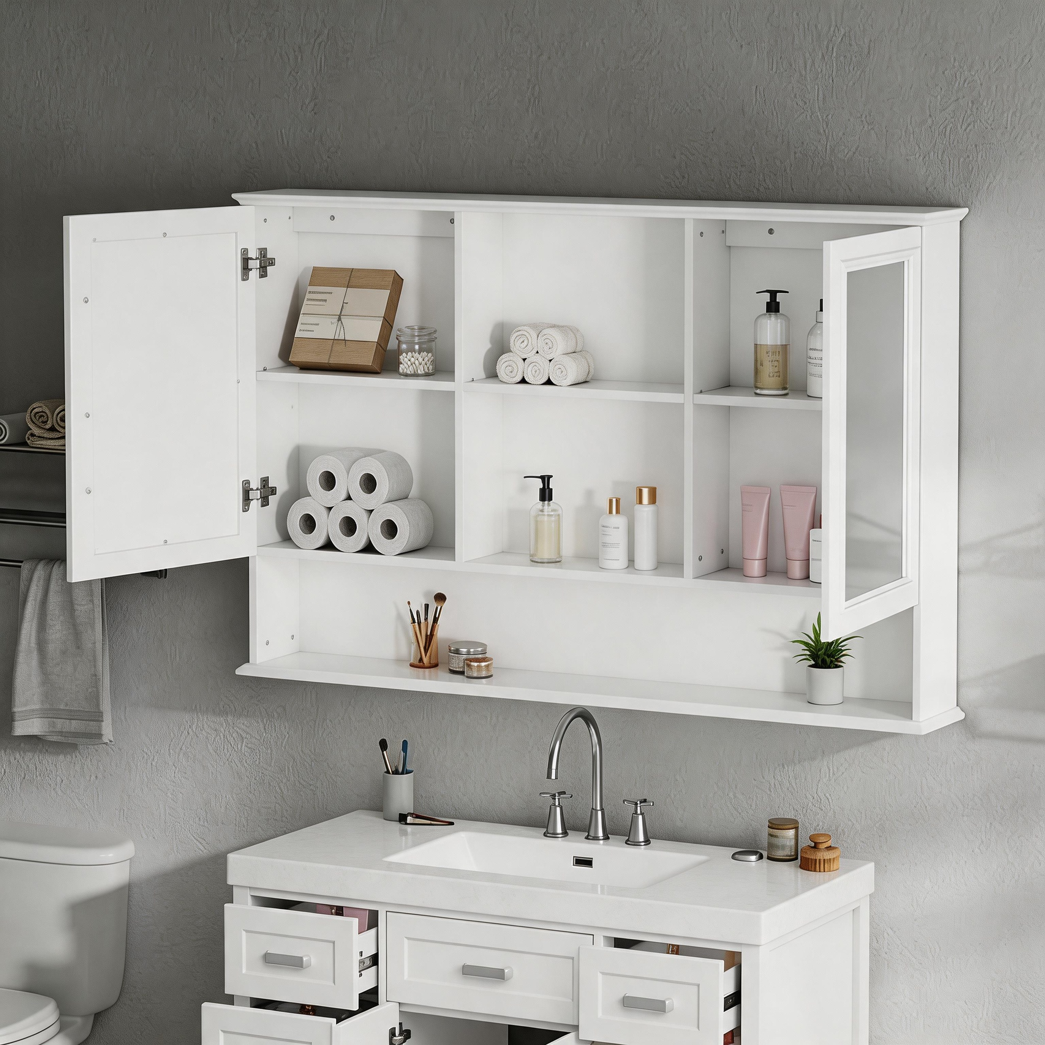 Video 60  Wall-Mounted Bathroom Medicine Cabinet With Double Mirrored Doors, Adjustable Shelves, Open Storage, Soft-Close Hinges, White