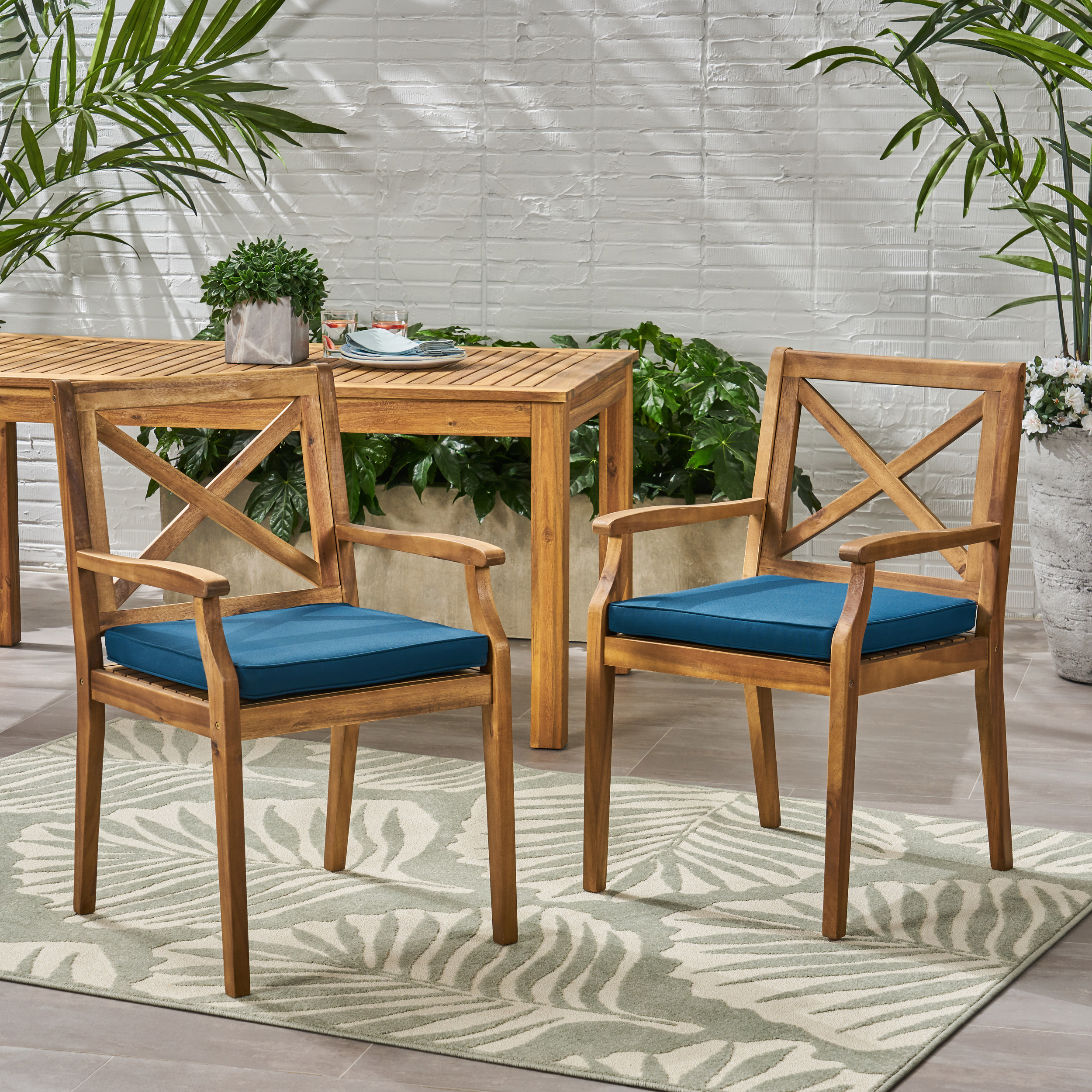 PERLA DINING CHAIR,2PCS With 2 Blue Cushions,for Backyard, Poolside, Garden