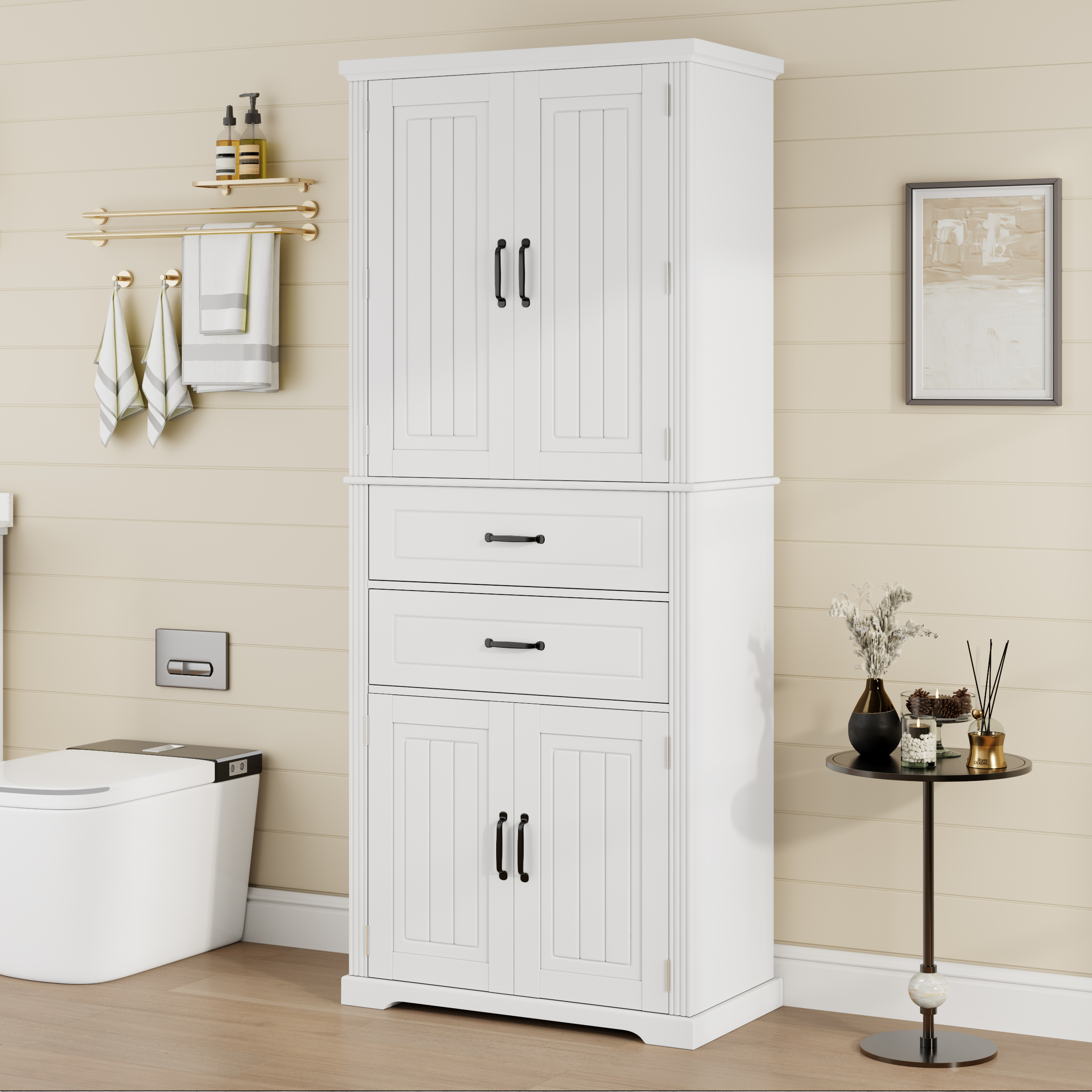 Video Storage Cabinet With Multi-Functional Storage Space, Doors With Storage Shelves, 2 Drawers, Adjustable Shelf, White  Same Sku N759P293426K