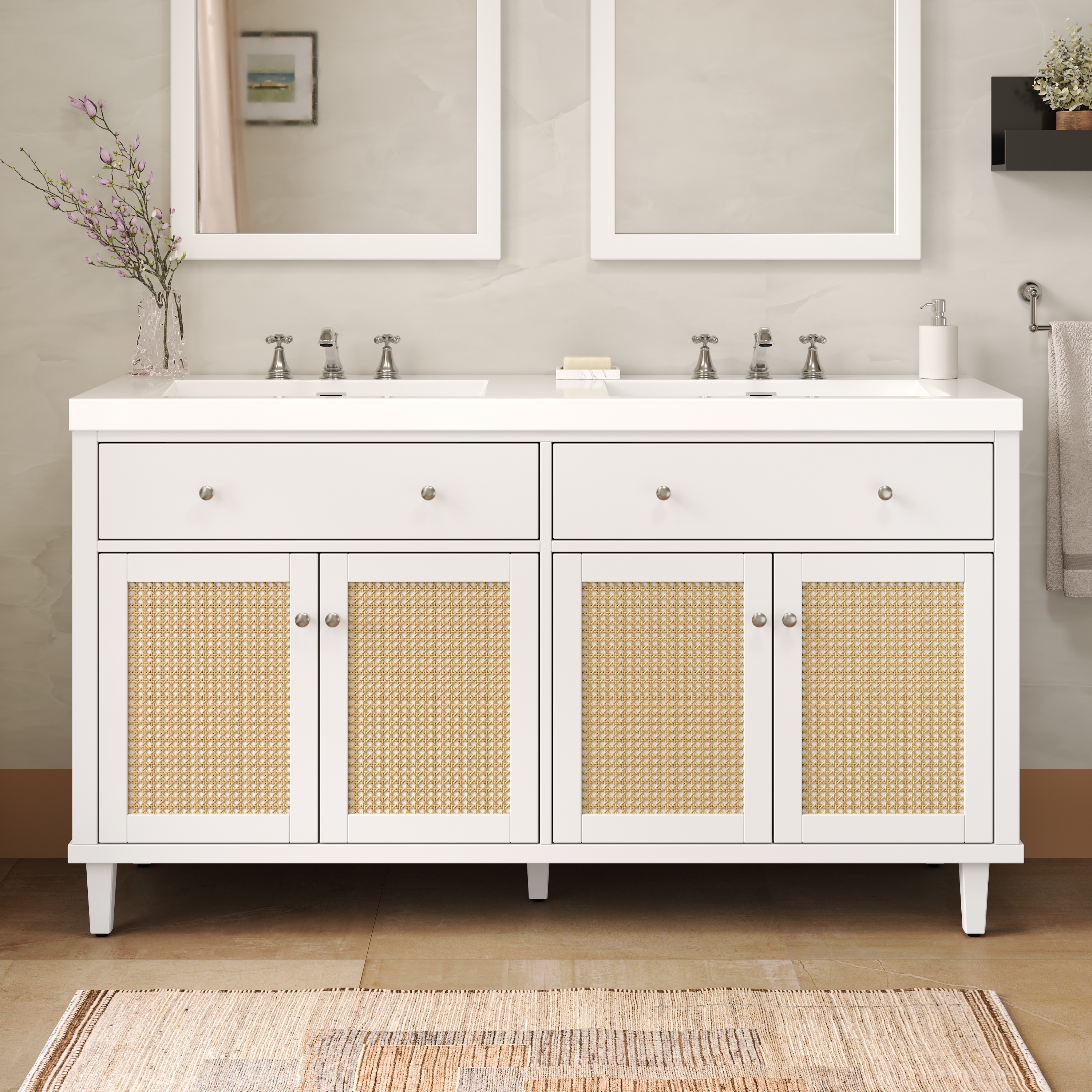 60 Inch Bathroom Vanity With Double Sink SMC Sink , Large Storage Space With 2 Tip-Out Trays Flip-Out Drawers And 4 Soft Closing Doors, Solid Wood Legs And Silver Metal Knobs, White