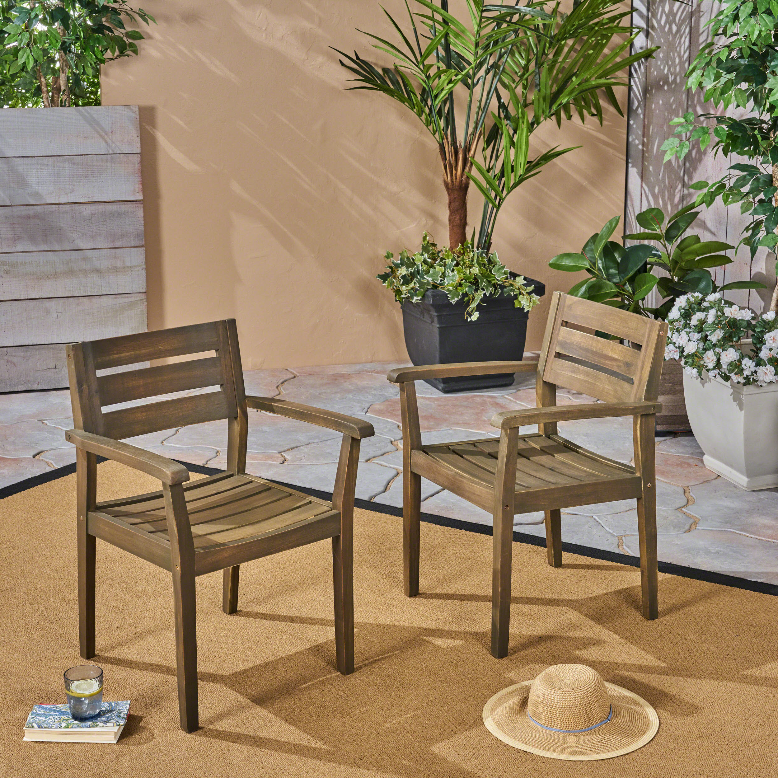 STAMFORD Dining Chairs Set Of 2,Acacia Wood Patio Armchair,for Backyard, Poolside, Garden,Grey