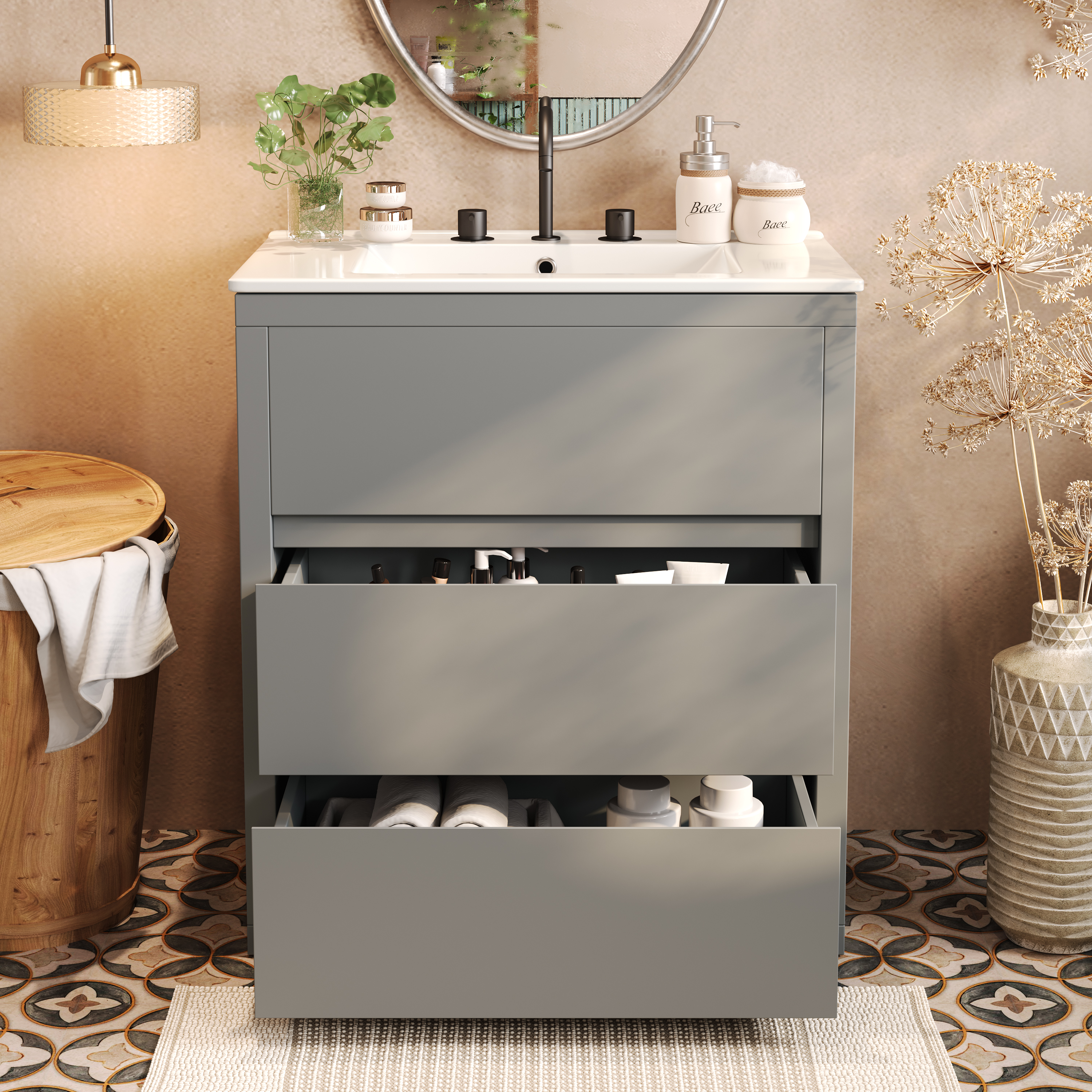30  Bathroom Vanity With Ceramic Sink And 2 Full-Extension Drawers, Freestanding Bathroom Vanity With 45  Free-Handle Design, Soft Close Undermount Drawer Slides, Gray
