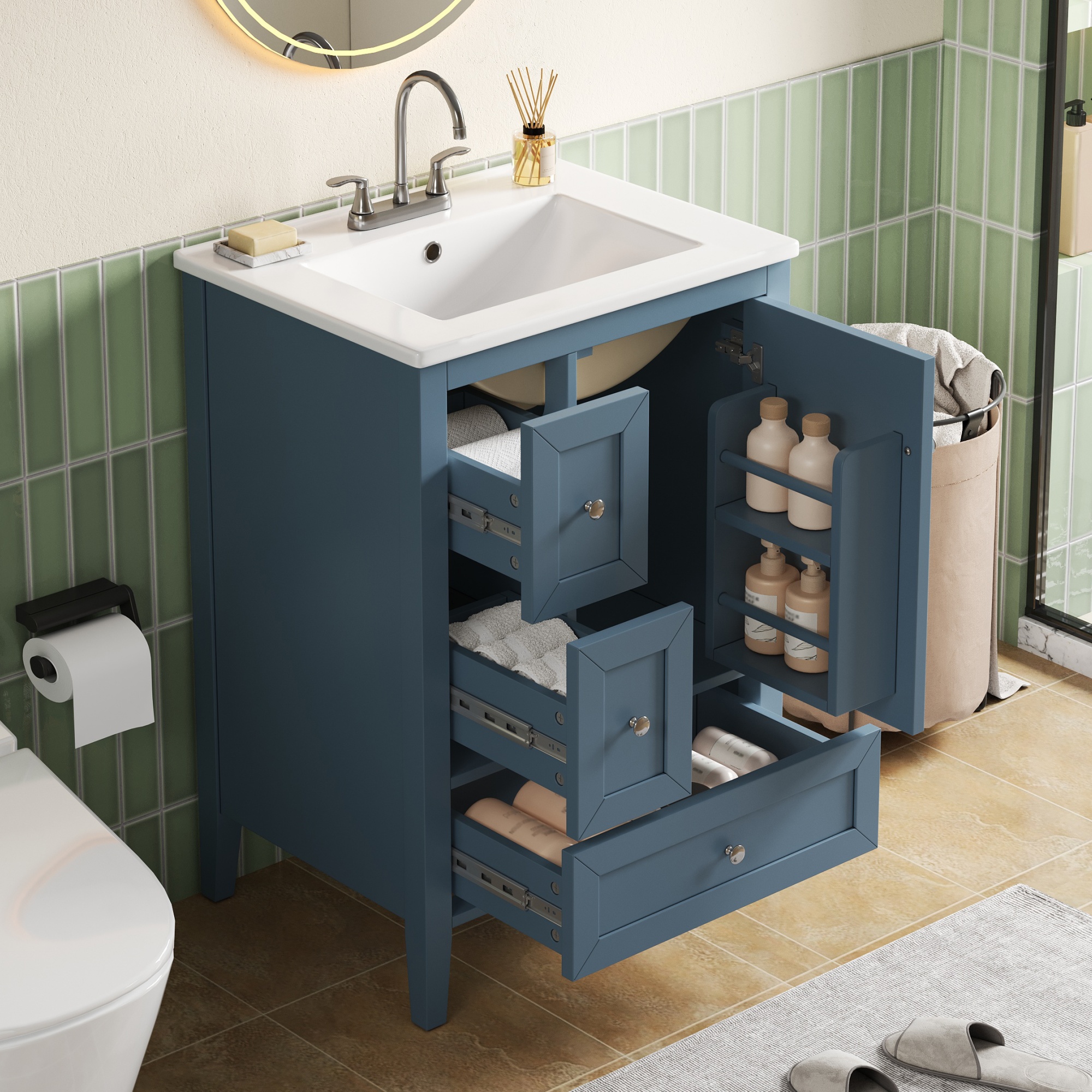 24  Modern Blue Gray Bathroom Vanity With Ceramic Sink, Solid Wood Legs, Soft-Close Drawers & Door, Storage Rack, Painted Surface Finish