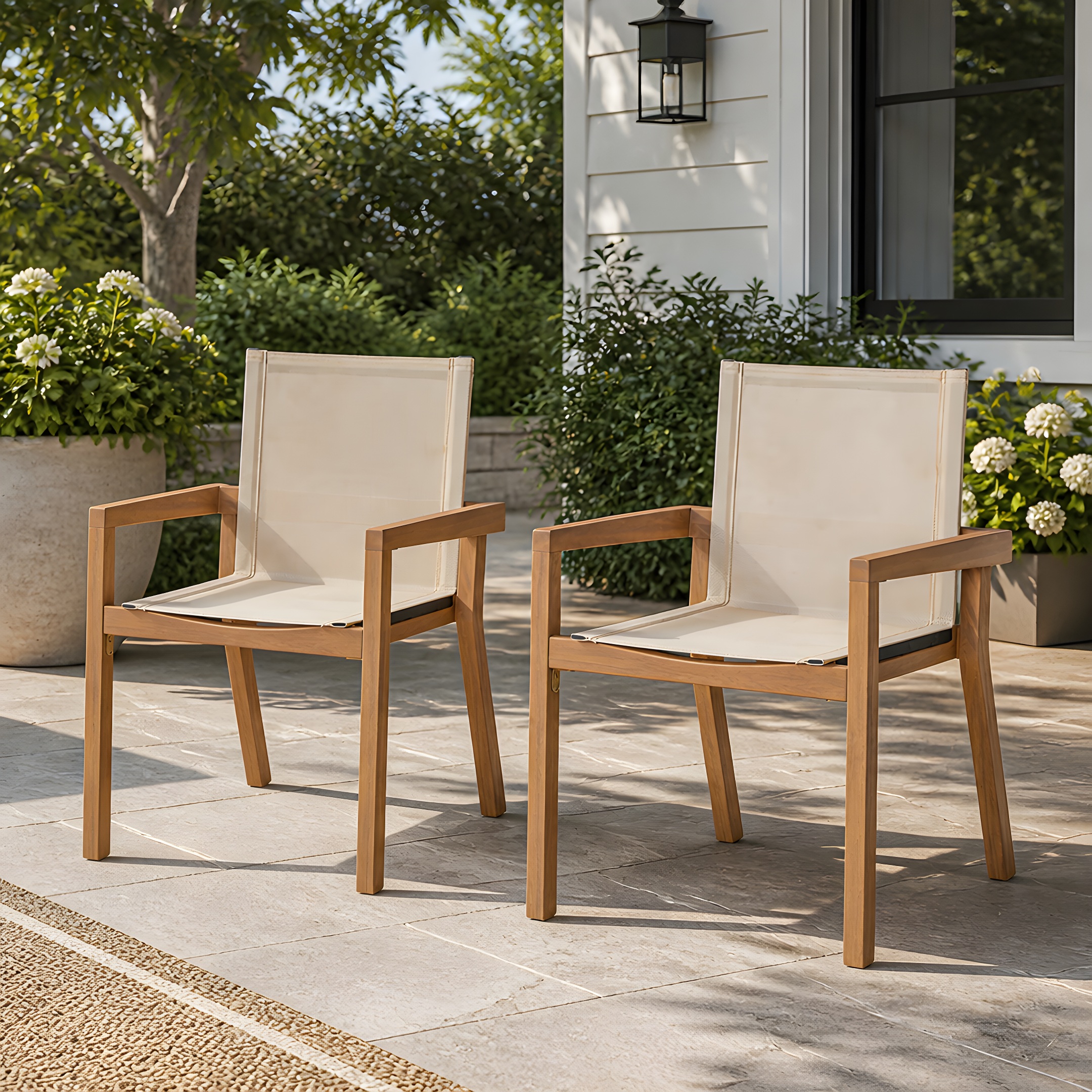 BELFAST DINING CHAIR,Set Of 2,Teak Frame Beige Textile