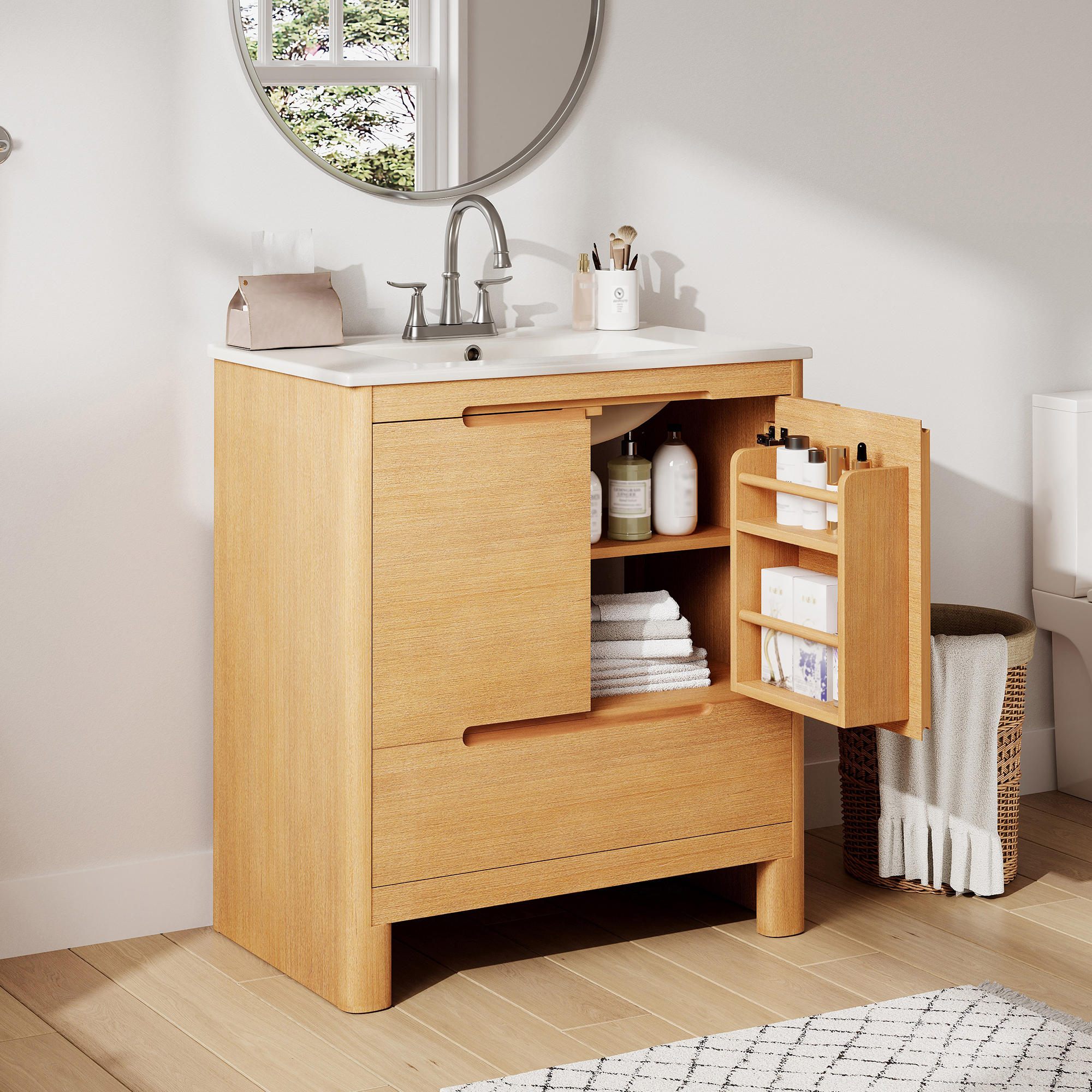 Video 30  Softened Modern Bathroom Vanity With Ceramic Sink, Natural Wood Grain, Solid Wood Frame, Soft-Close Doors & Drawer, Adjustable Shelf , All-in-One Package, Oak