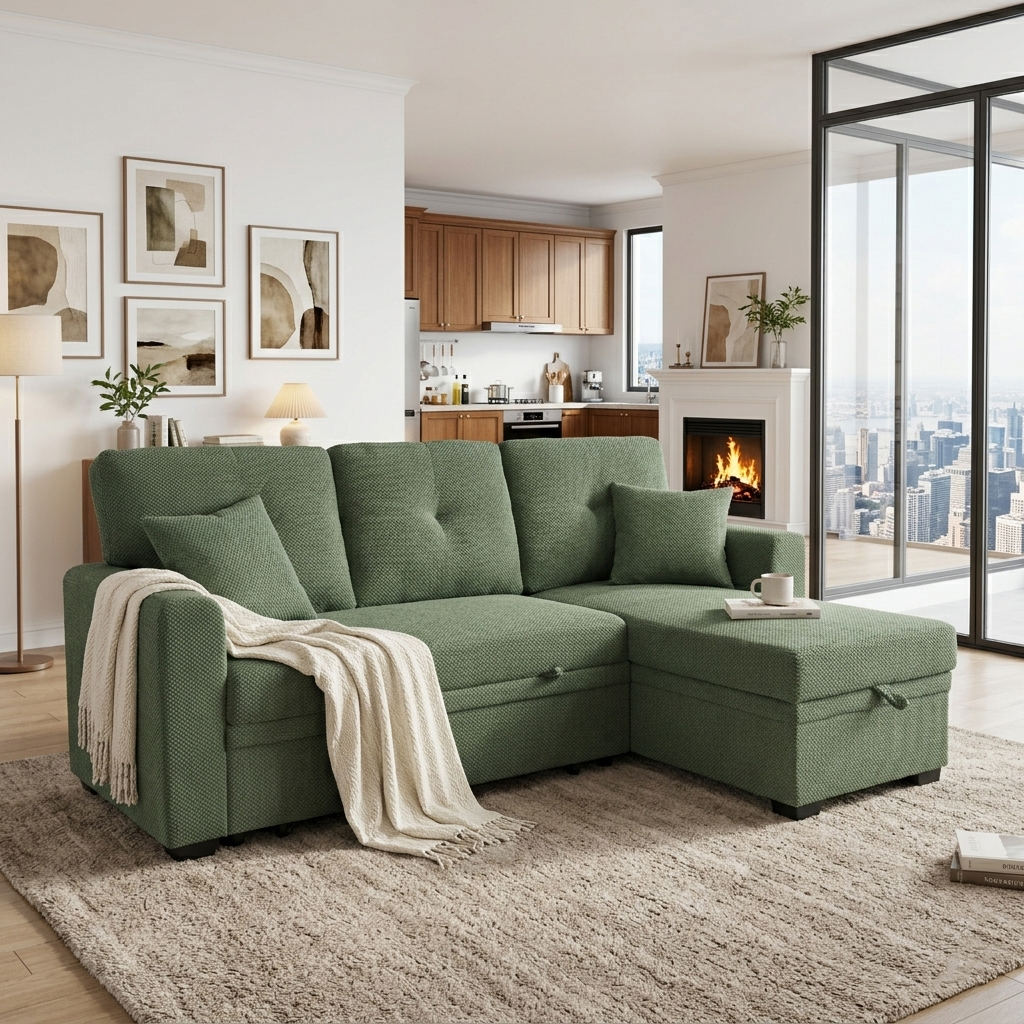 Sleeper Sofa, Sectional With Pull-Out Bed, Reversible Chaise, Storage Sectional,  Dark Green Breathable  Fabric, Small Space Solution, Convertible Sofa Bed, Living Room Furniture, L-Shaped Sofa