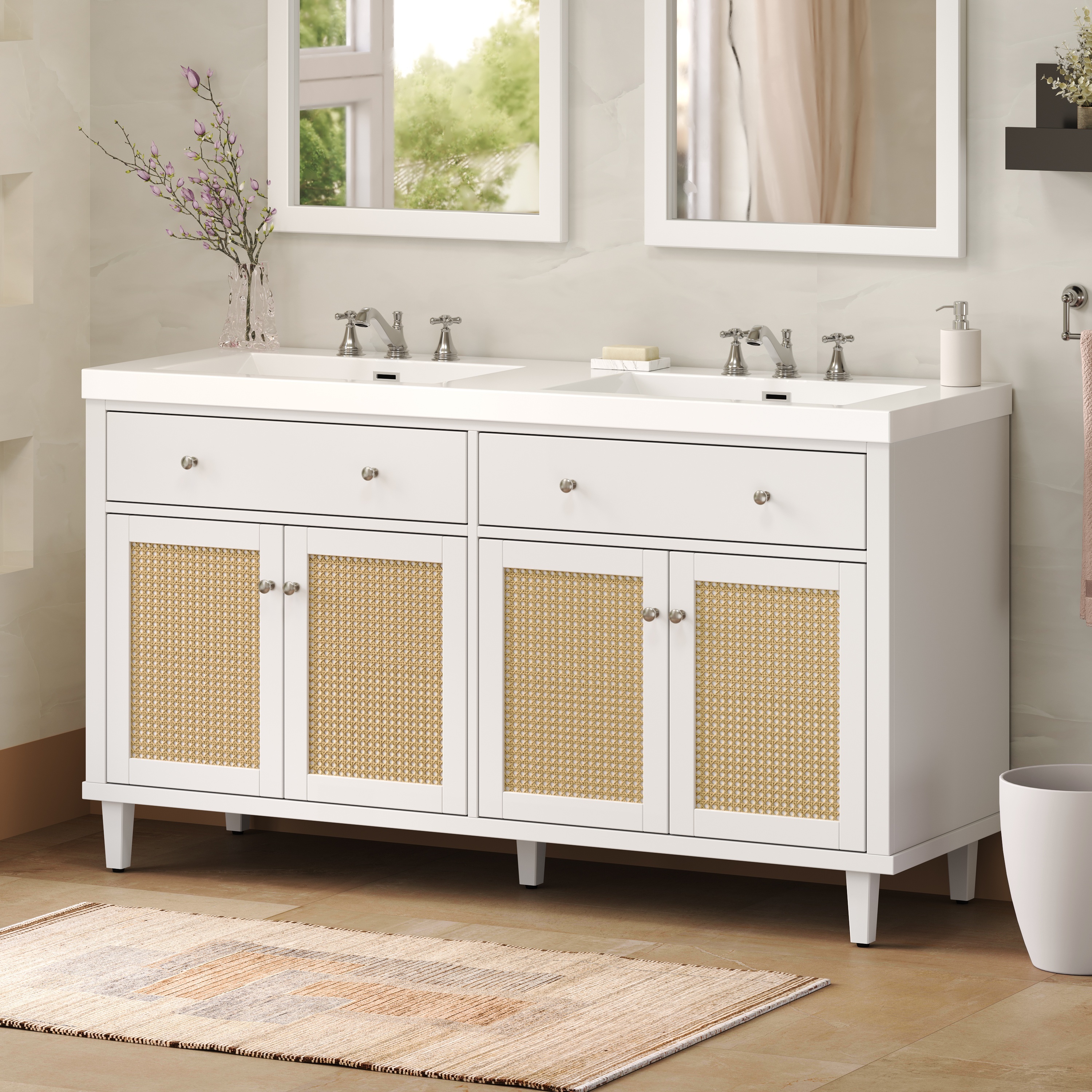 60 Inch Bathroom Vanity With Double Sink   SMC Sink  , Large Storage Space With 2 Tip-Out Trays   Flip-Out Drawers And 4 Soft Closing Doors, Solid Wood Legs And Silver Metal Knobs, White