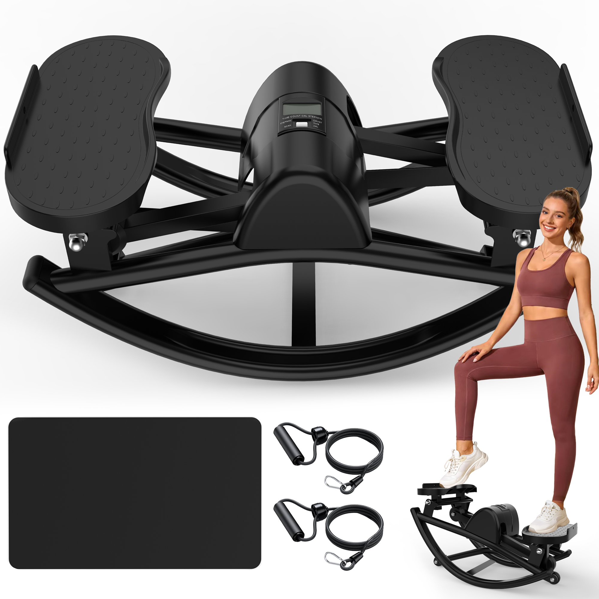 Lateral Stepper For Exercise-Rocking Stepper Machine With Resistance Bands & Anti-Slip Mat And LCD Monitor, Professional Stair Stepper For Home Workout