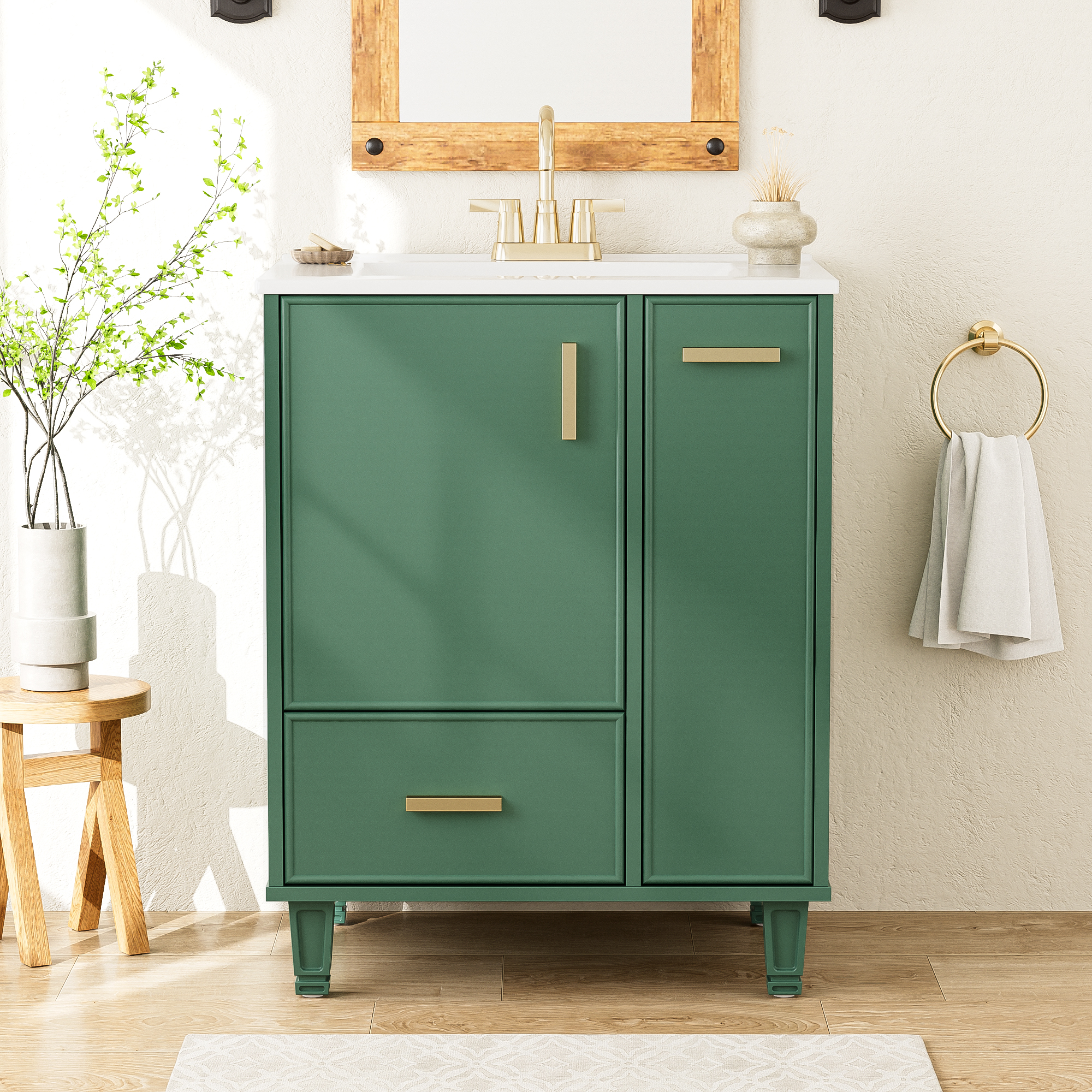 24  Bathroom Vanity With Sink, Bathroom Cabinet With Door Shelf, Deep Drawer, 2-Tier Pull-Out Basket, Solid Wood Frame And MDF Board, One Package, Green
