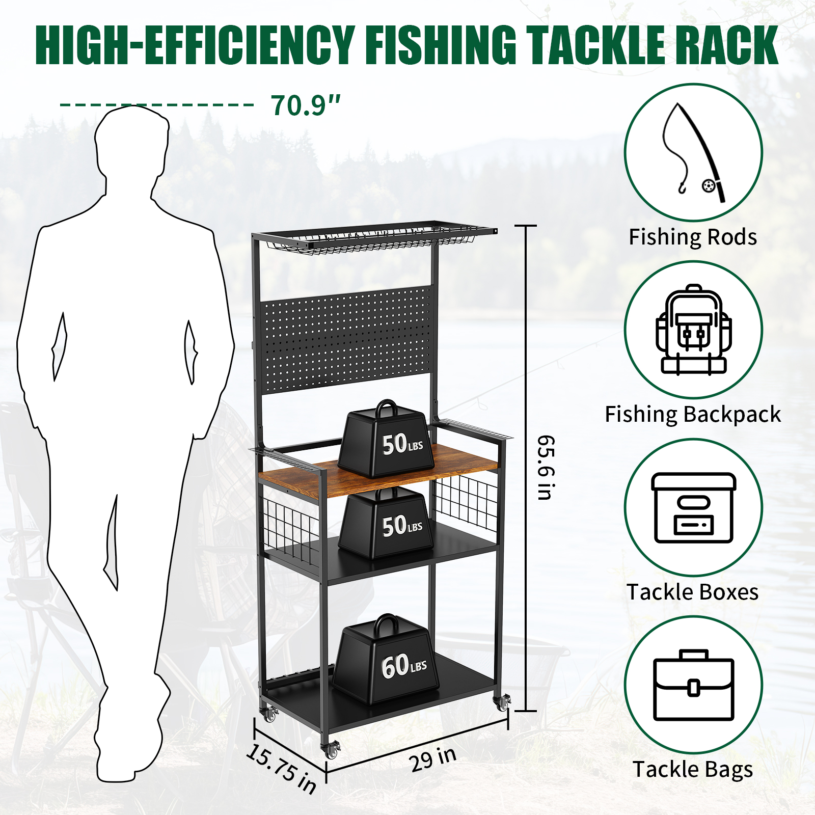 Fishing Rod Storage Rack With Pegboard, Rolling Tackle Organizer Cart, Multi-Tier Fishing Gear Stand For Rods, Reels, Tackle Boxes & Bags, Heavy Duty Metal Holders With Lockable Wheels - photo 2