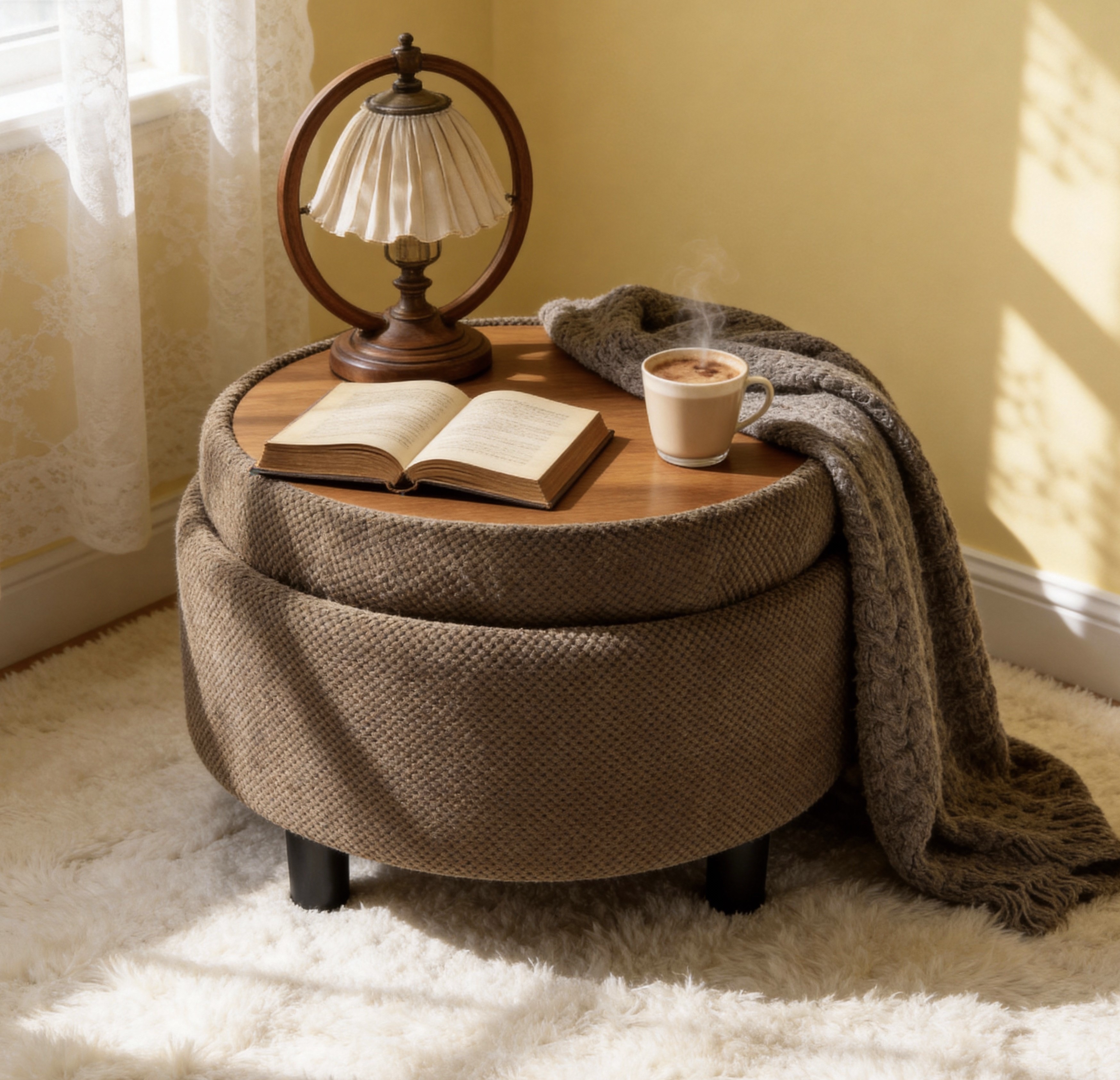 25Inch Round Storage Ottoman With Tray, ModernTufted Fabric Circle Coffee Table With Storage, Upholstered Ottoman With Removable Top For Living Room, Bedroom,Coffee