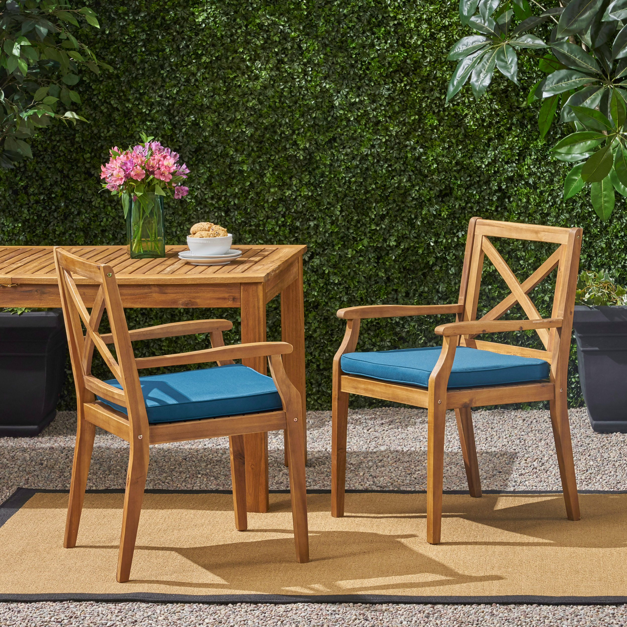 PERLA DINING CHAIR,2PCS With 2 Blue Cushions,for Backyard, Poolside, Garden