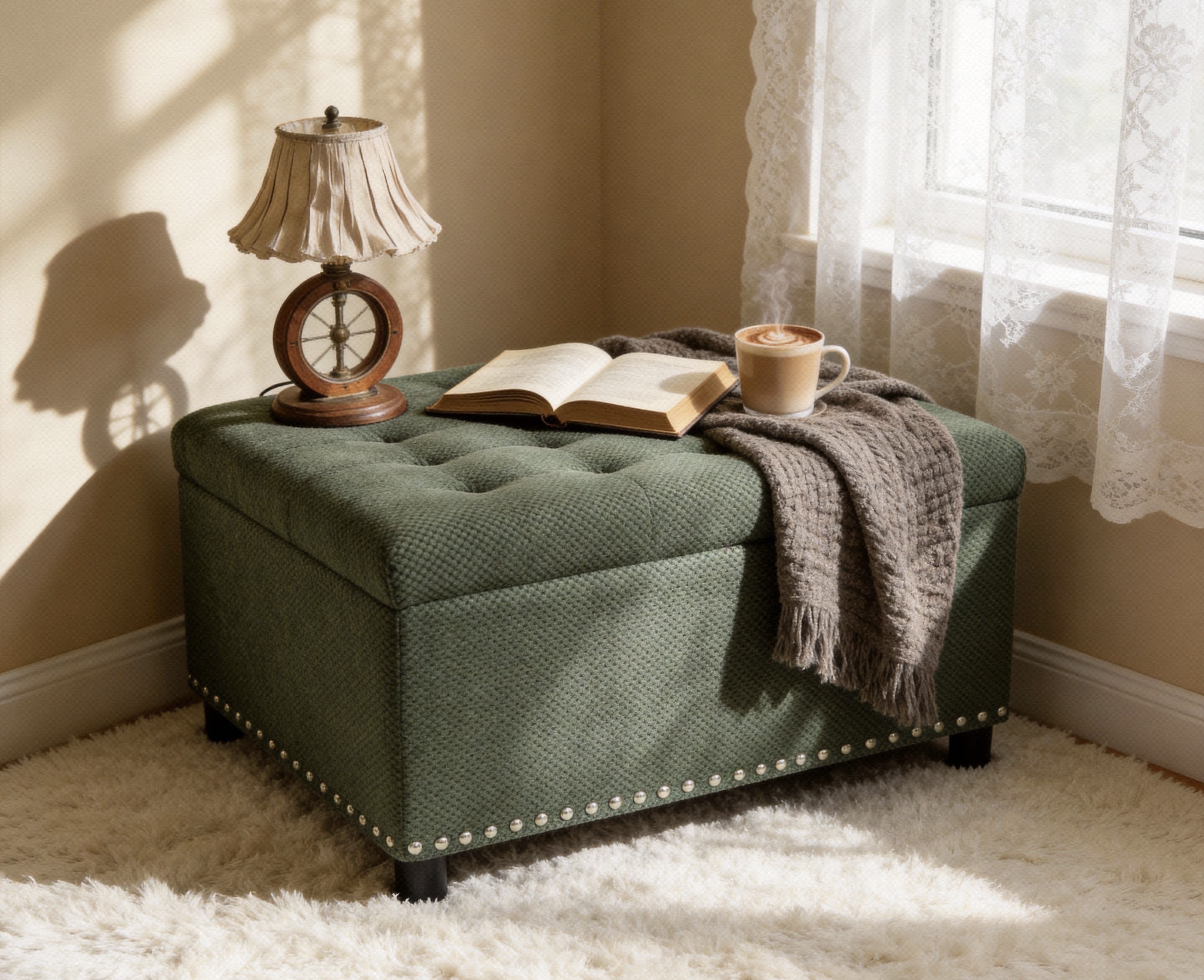 Storage Ottoman, Tufted Footstool, Nailhead Trim Ottoman, Square Storage Ottoman, Upholstered Coffee Table, Bedroom Storage, Living Room Accent, Green Ottoman, Small Space Furniture, Home Decor.