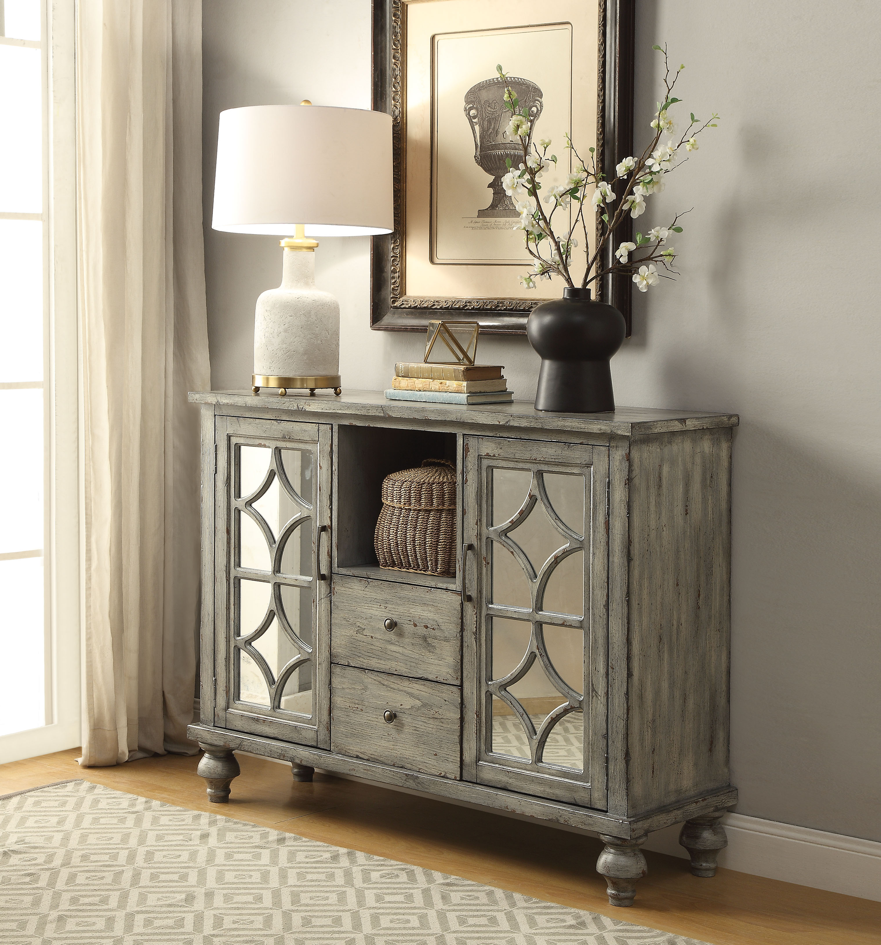 Velika Weathered Gray Finish Console Table W  1 Open Compartment Storage