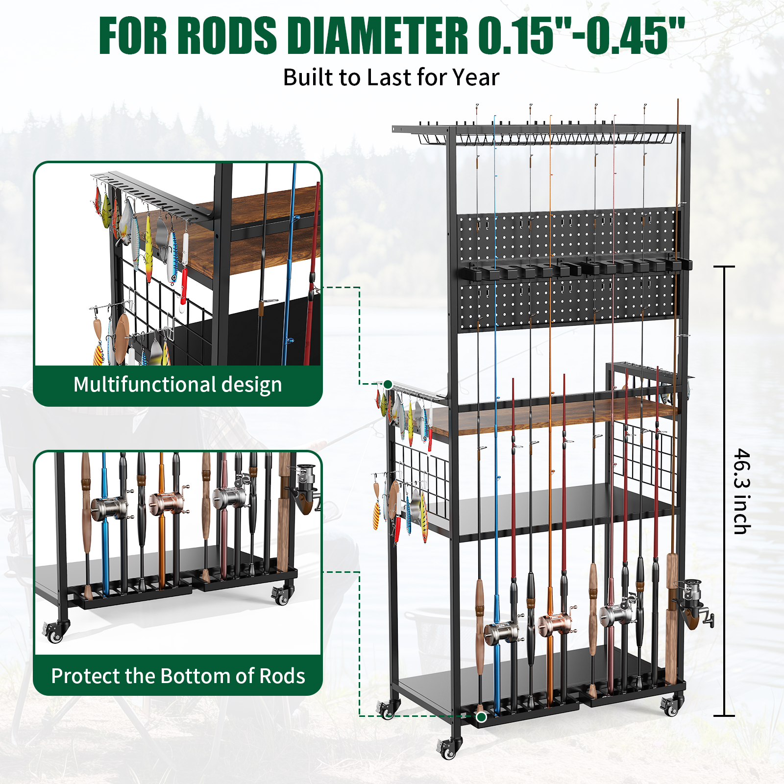 Fishing Rod Storage Rack With Pegboard, Rolling Tackle Organizer Cart, Multi-Tier Fishing Gear Stand For Rods, Reels, Tackle Boxes & Bags, Heavy Duty Metal Holders With Lockable Wheels - photo 4