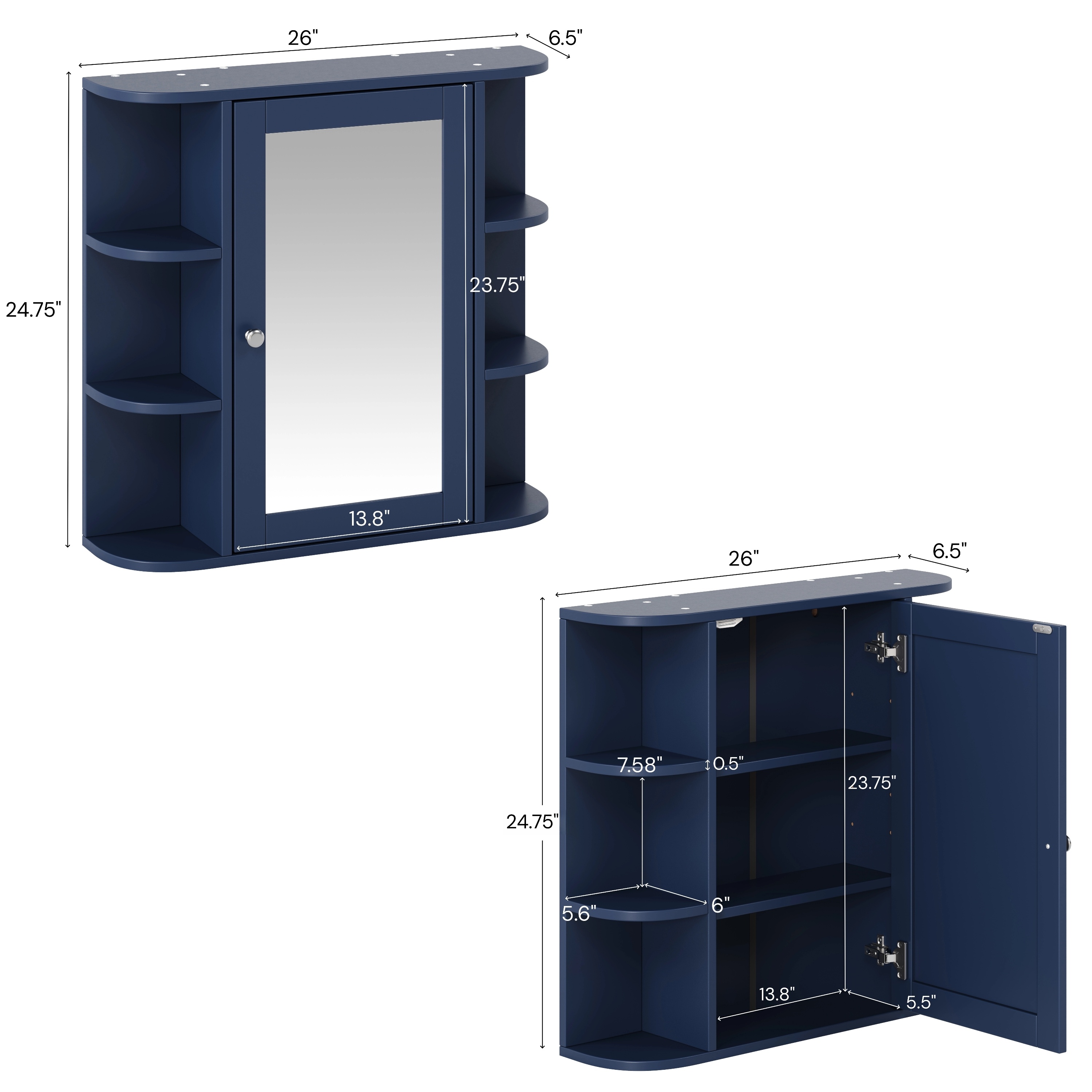 Bathroom Wall Storage Cabinet With Mirror, Medicine Cabinet With Adjustable Wood Shelf & Doors, Mounted Storage Cabinets With 6 Open Shelves, Blue