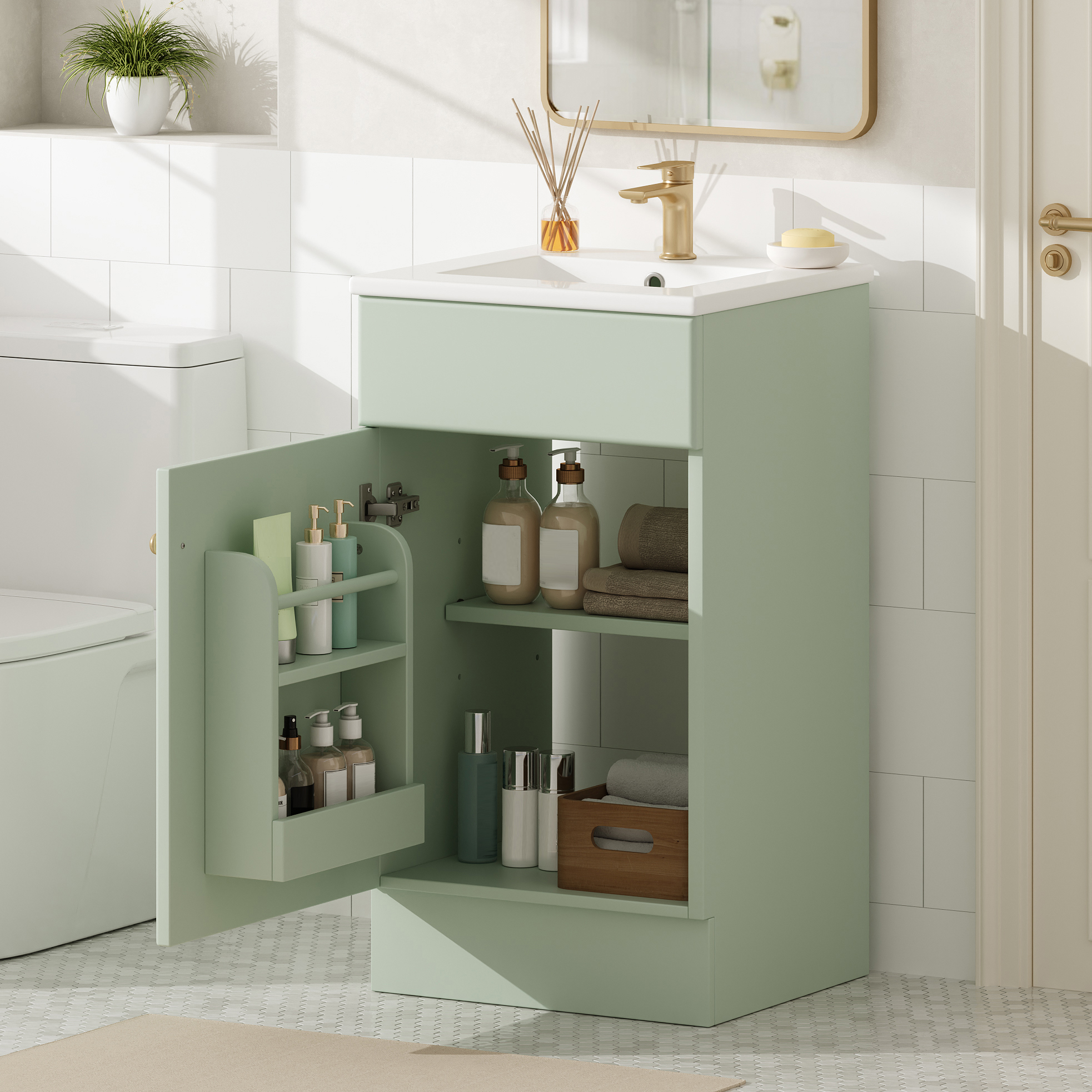 Video 18 Bathroom Vanity With Sink, Vanity Cabinet With Door Shelf And Adjustable Shelf, Light Green