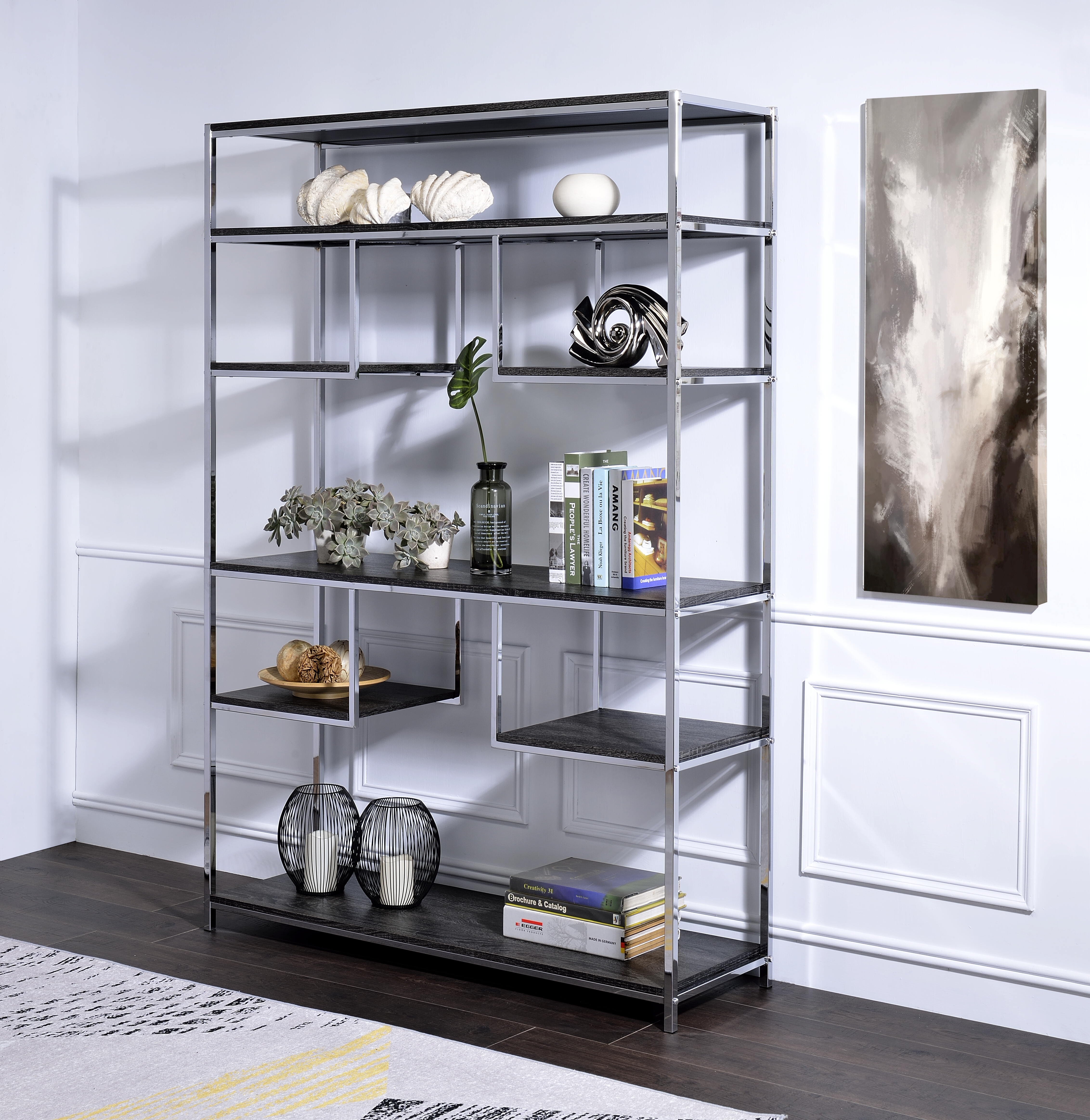 Bibliothèque rustique en chêne gris et finition chromée vonara
