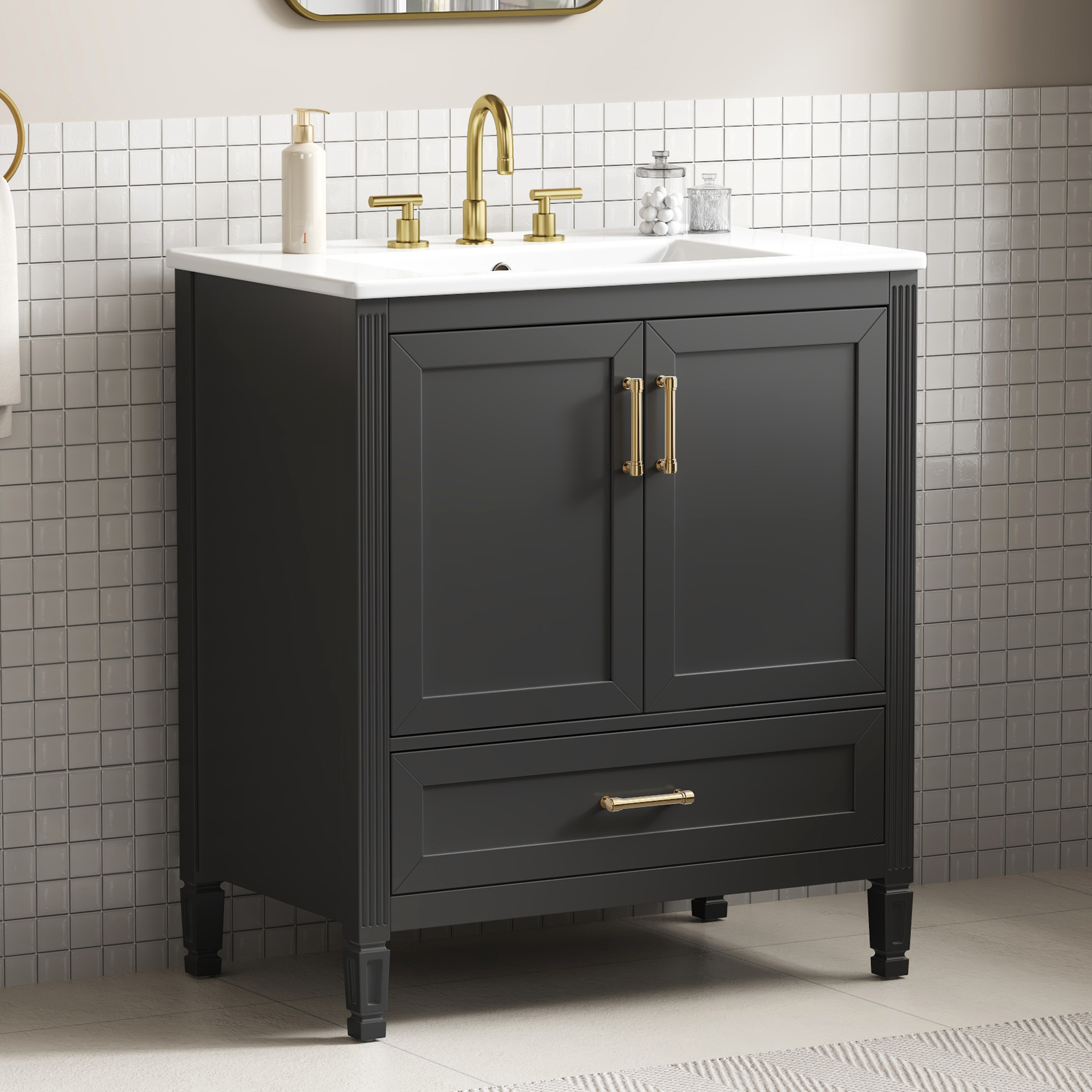 Video  30  Elegant Fluted Bathroom Vanity With Ceramic Sink, Single Box Shipping, Solid Wood Legs, Soft-Close Doors & Drawer, Door Shelf, Black