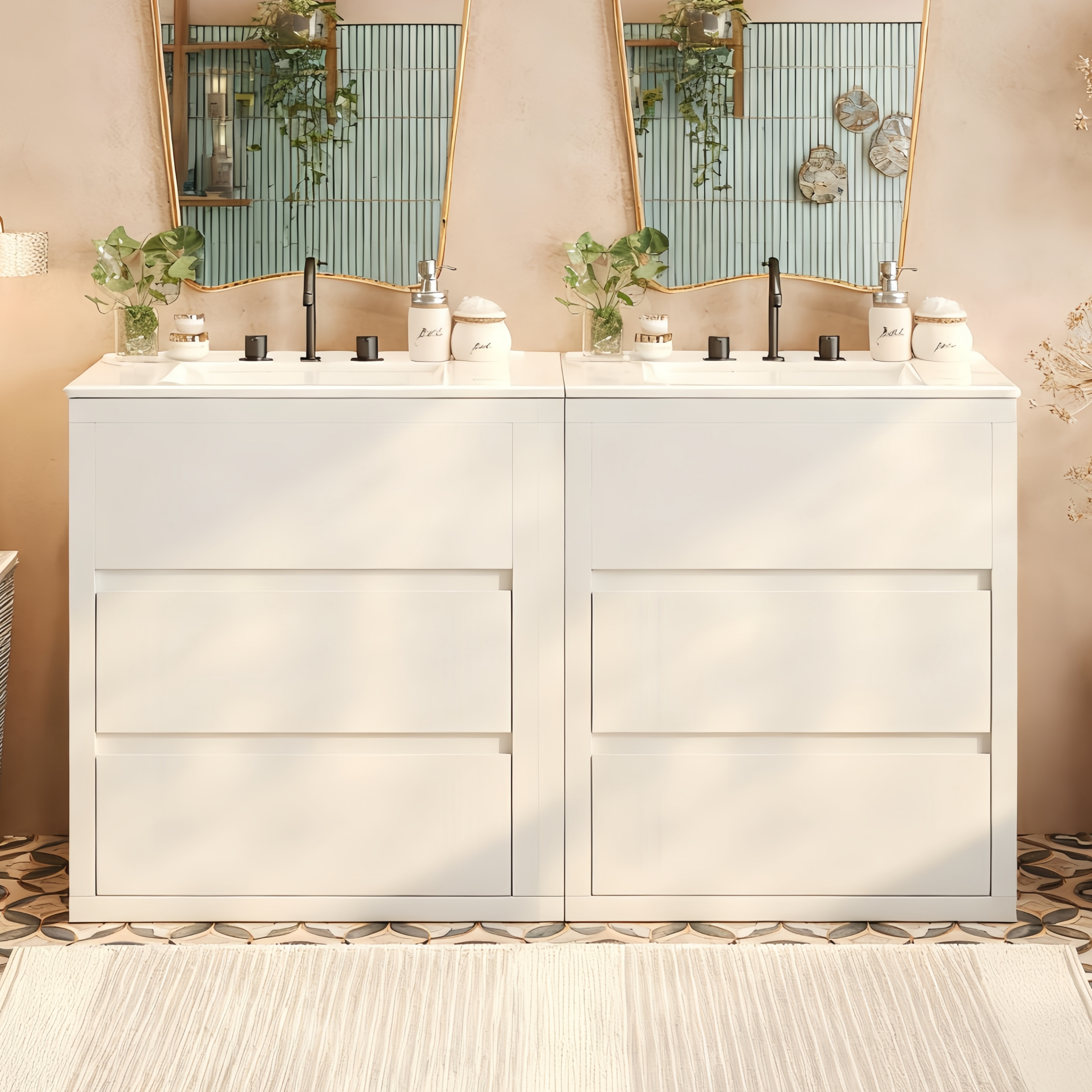 60  Double Sinks Bathroom Vanity Set, Bathroom Cabinet With Two Separate Ceramic Sinks, Full-Extension Drawers & Soft Close Undermount Drawer Slides, White