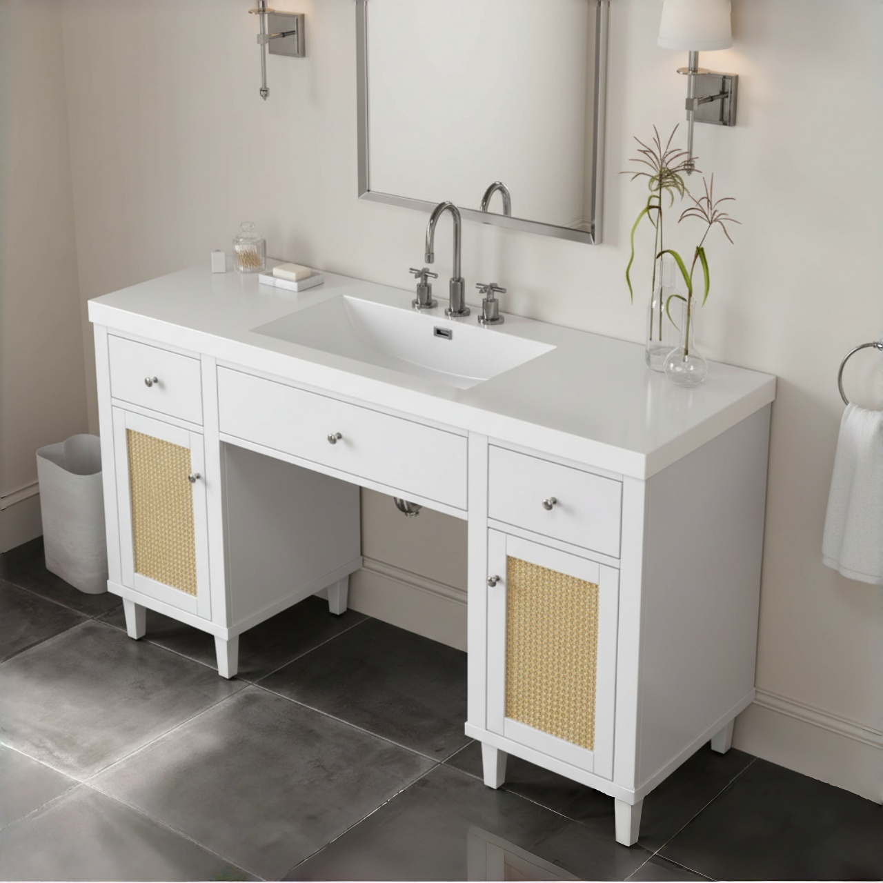 60 Inch Bathroom Vanity With SMC Sink, Modern Spacious Bathroom Storage Cabinet With Soft Close Drawers And Tip-Out Tray, Solid Wood Legs And Silver Metal Knobs,Wheelchair-friendly Style, White