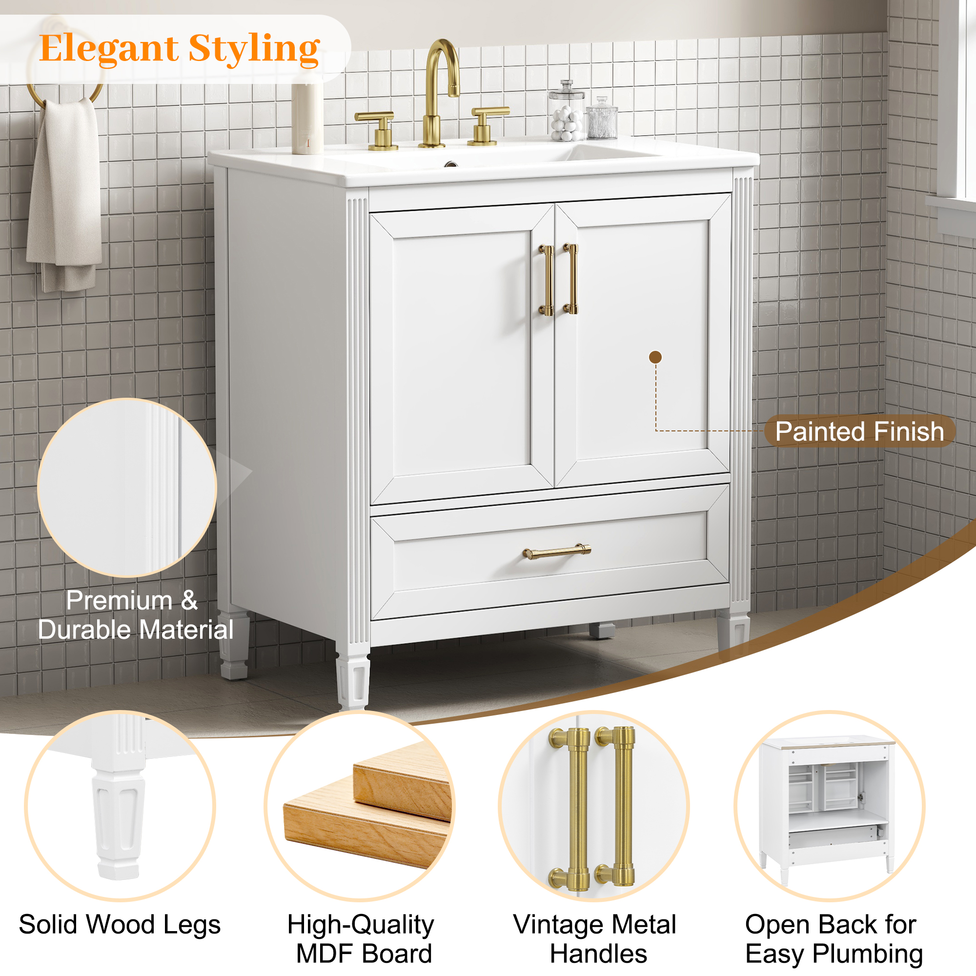 Video  30  Elegant Fluted Bathroom Vanity With Ceramic Sink, Single Box Shipping, Solid Wood Legs, Soft-Close Doors & Drawer, Door Shelf, White