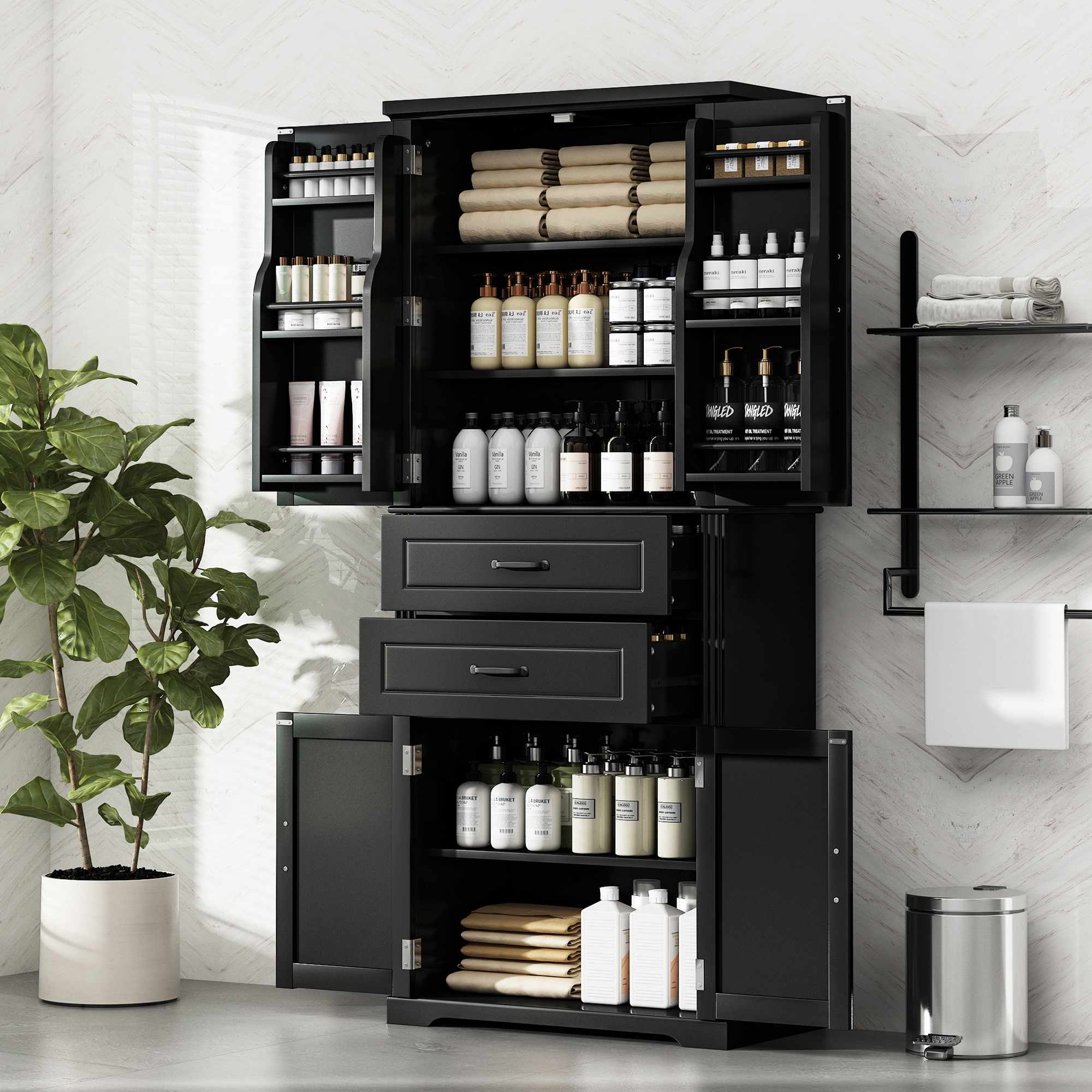 Video Storage Cabinet With Multi-Functional Storage Space, Doors With Storage Shelves, 2 Drawers, Adjustable Shelf, Black  Same Sku  N759P293426B