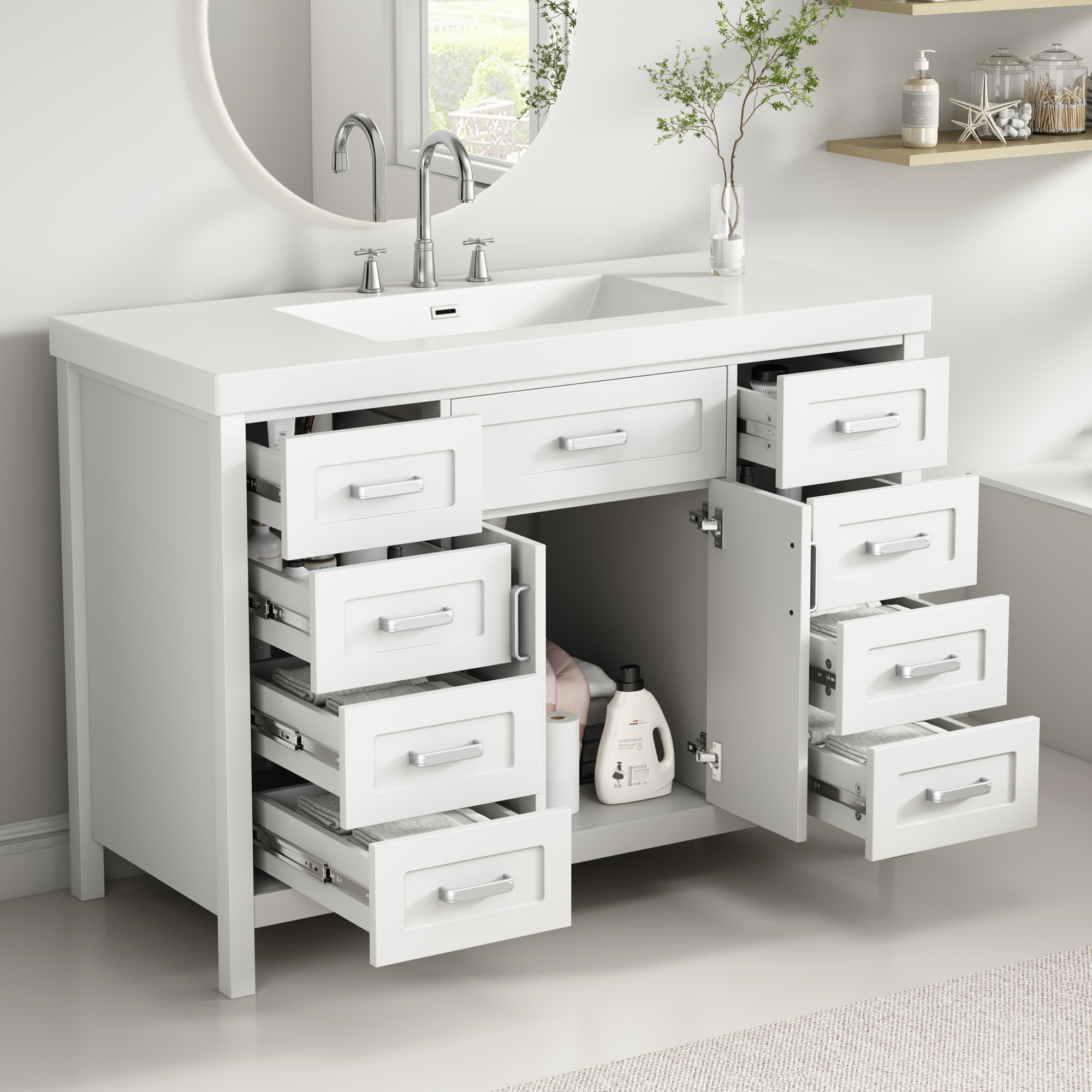 Video 48  Bathroom Vanity With Sink, 2 Doors And 8 Drawers, Soft Close System, Classic Design, White