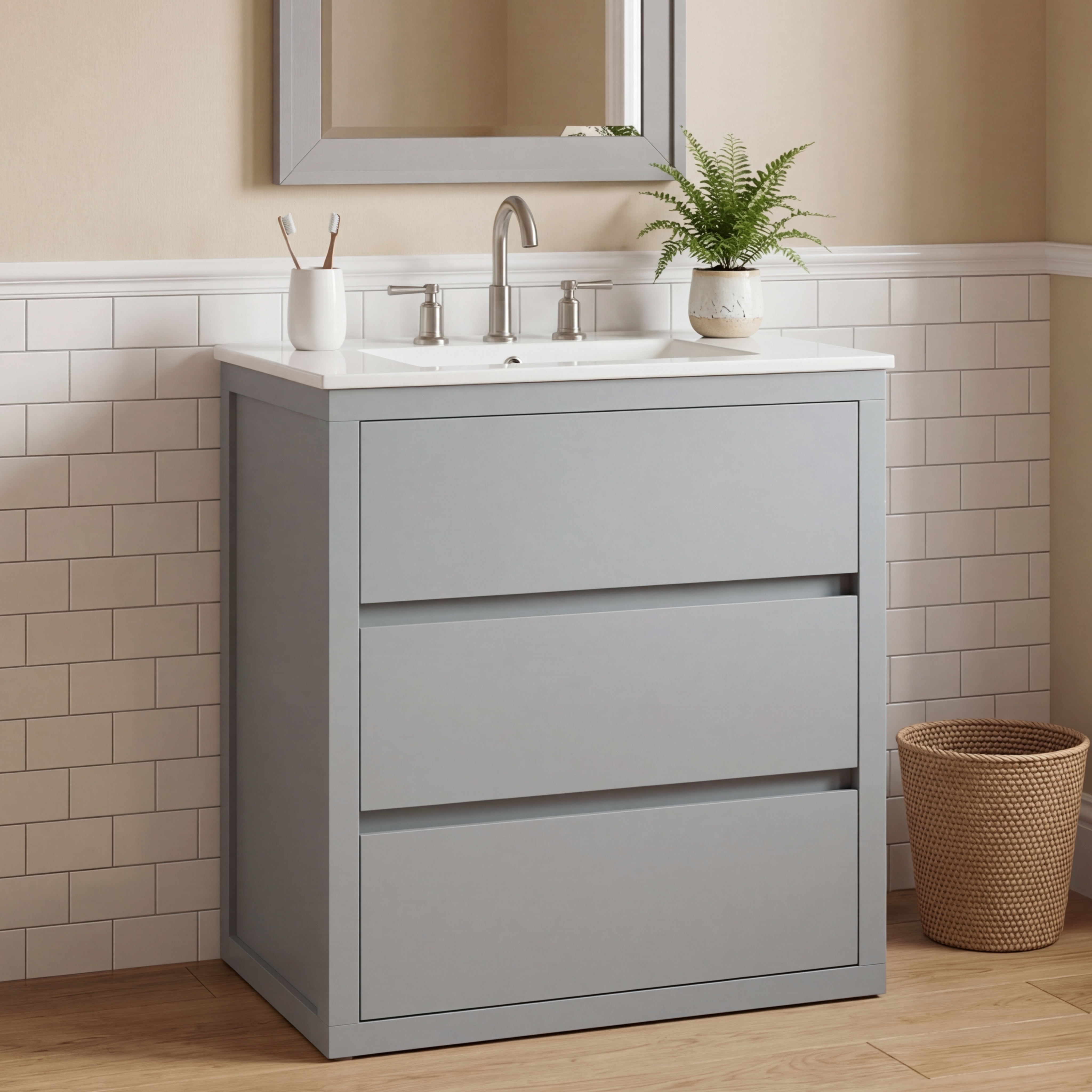 30  Bathroom Vanity With Ceramic Sink And 2 Full-Extension Drawers, Freestanding Bathroom Vanity With 45  Free-Handle Design, Soft Close Undermount Drawer Slides, Gray