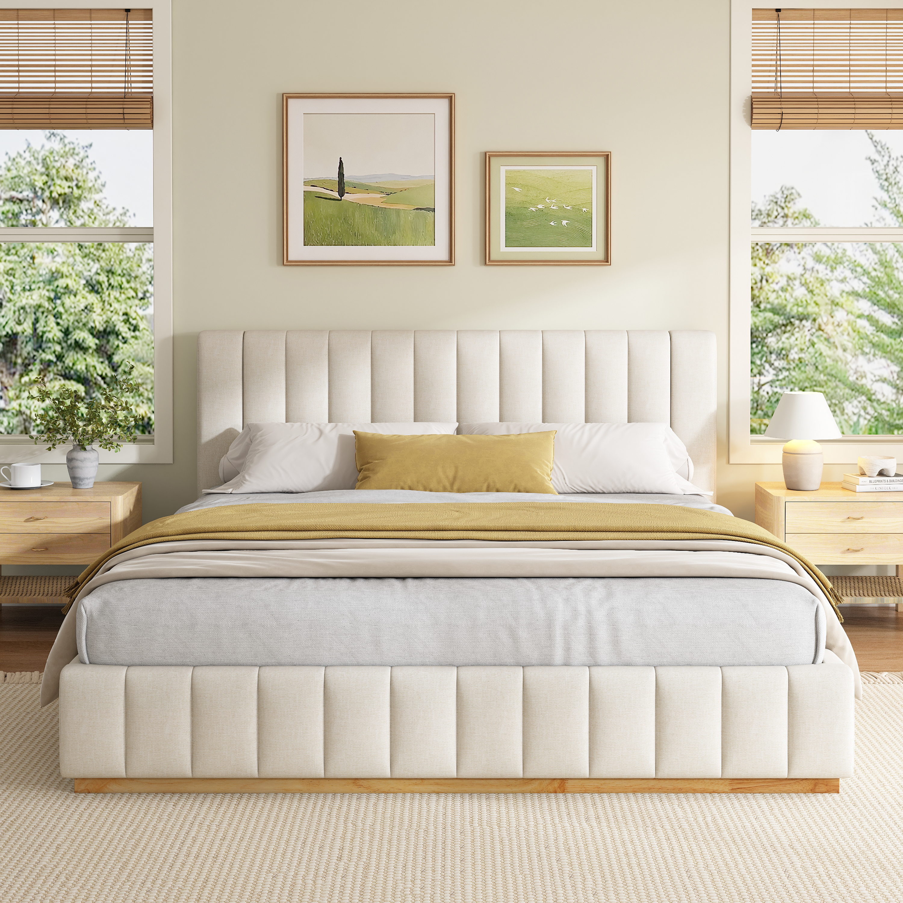 Modern, Minimalist, And Elegant Striped Fabric Bed,Beige, King