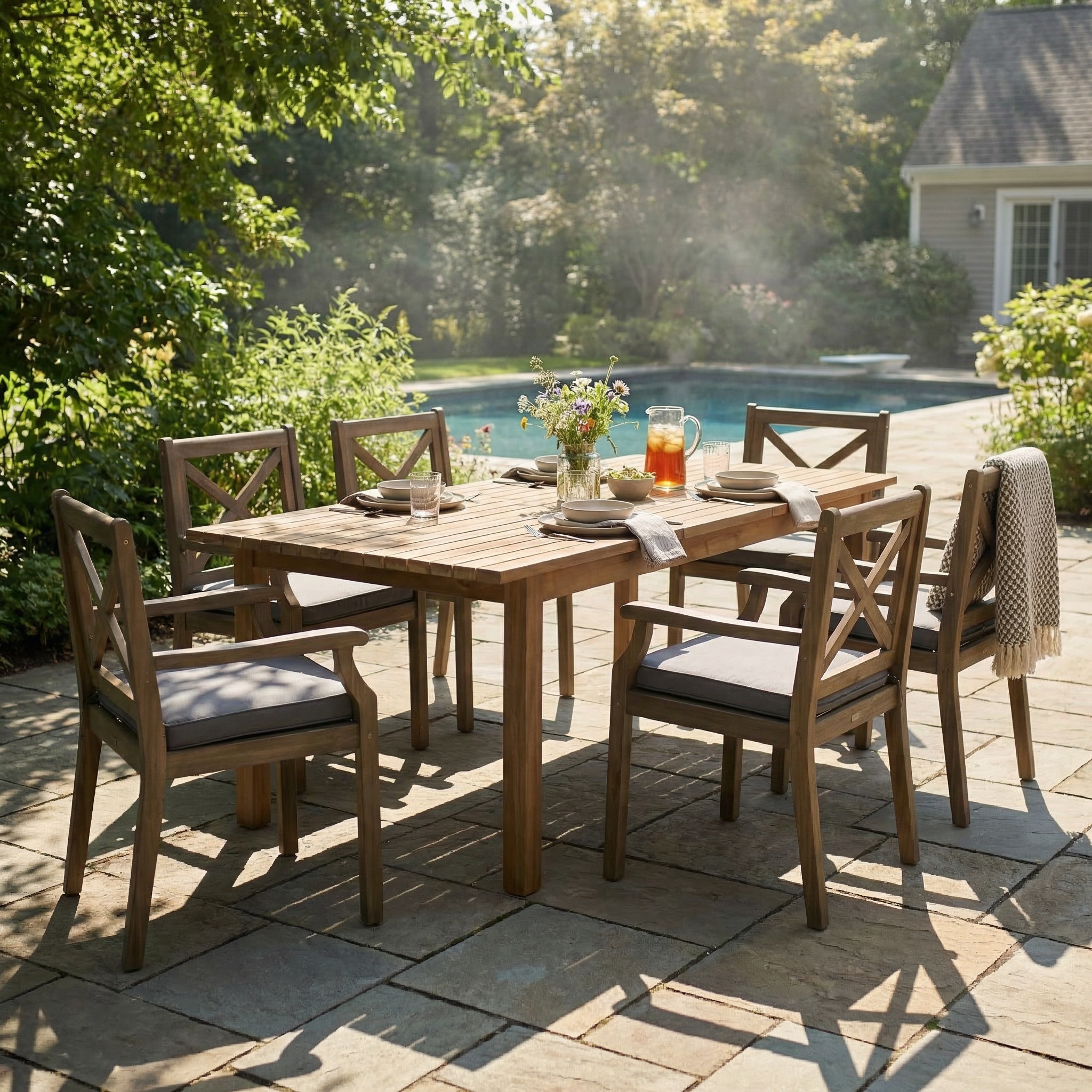 7 Pieces Acacia Wood Outdoor Dining Set With Dark Grey Cushions,Modern 6 Chairs