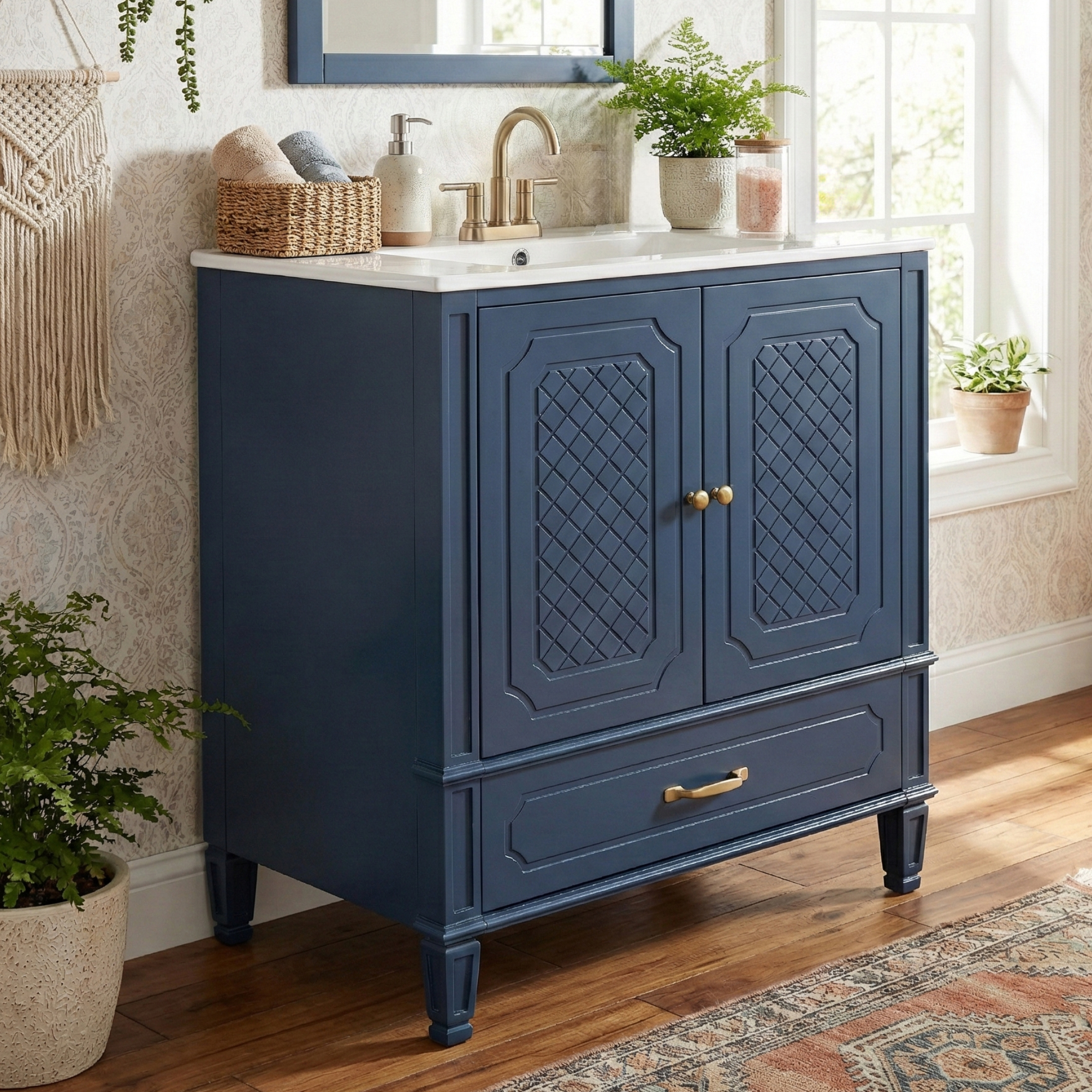 Video 30 Bathroom Vanity With Sink Vintage Style, Multi-functional Storage Space, Door Shelf, Soft-closing Door, Blue