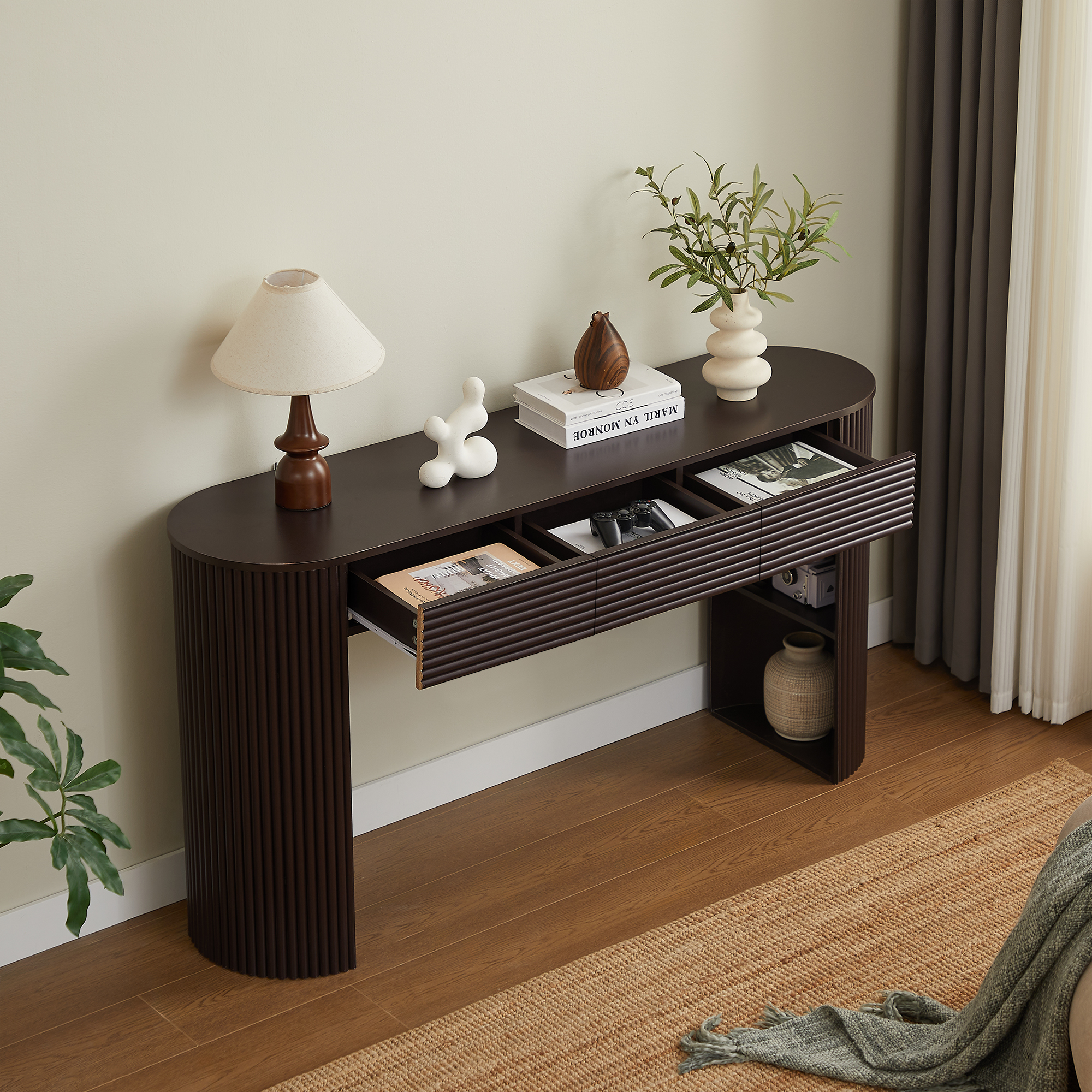 Video Retro Console Table With Storage, 3 Drawers, 1 Table-Leg Niche, Round Slat Aesthetic, Entryway, Living Room & Hallway, Espresso
