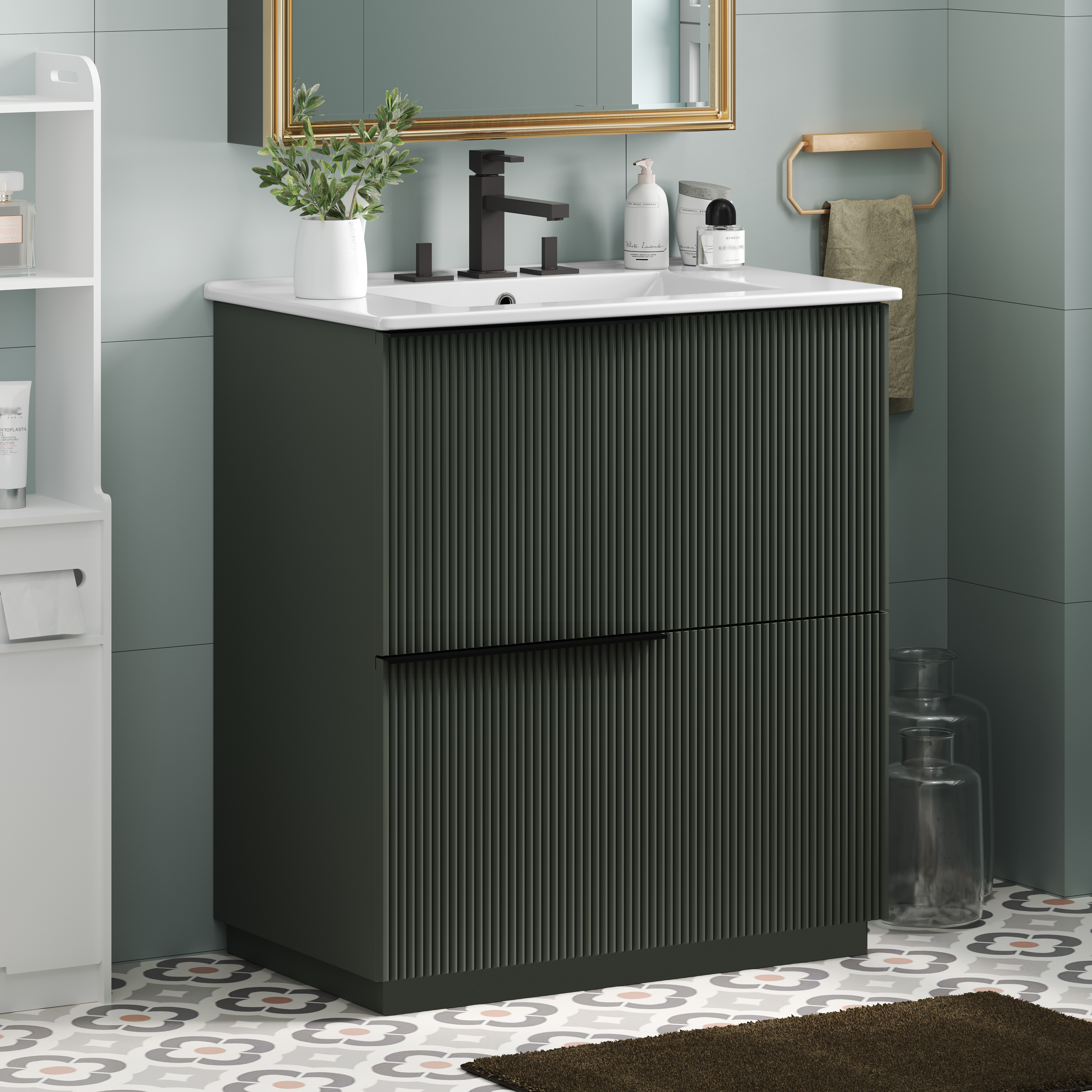 30  Bathroom Vanity With Ceramic Sink And Full-Extension Drawers, Soft Close Undermount Drawer Slides,  Fluted Design, Green