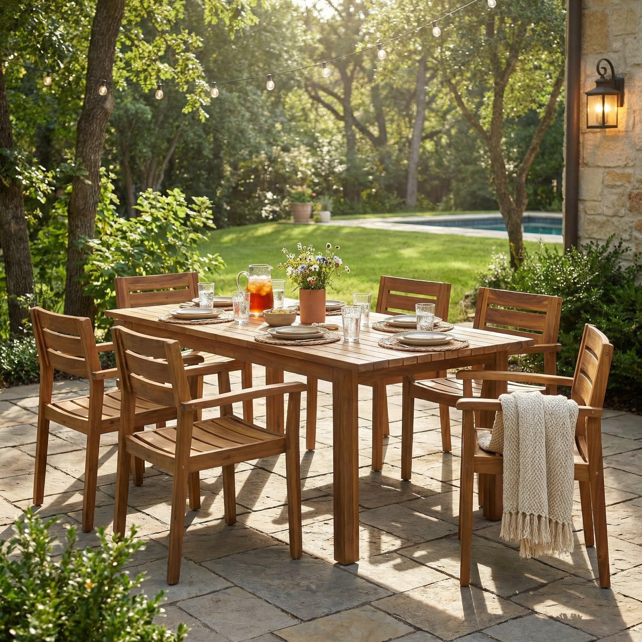 7 Pieces Acacia Wood Outdoor Dining Set S,Modern 6 Chairs  1 Large Table,Dining Furniture Set For Lawn, Backyard, Garden Deck,Poolside,Teak